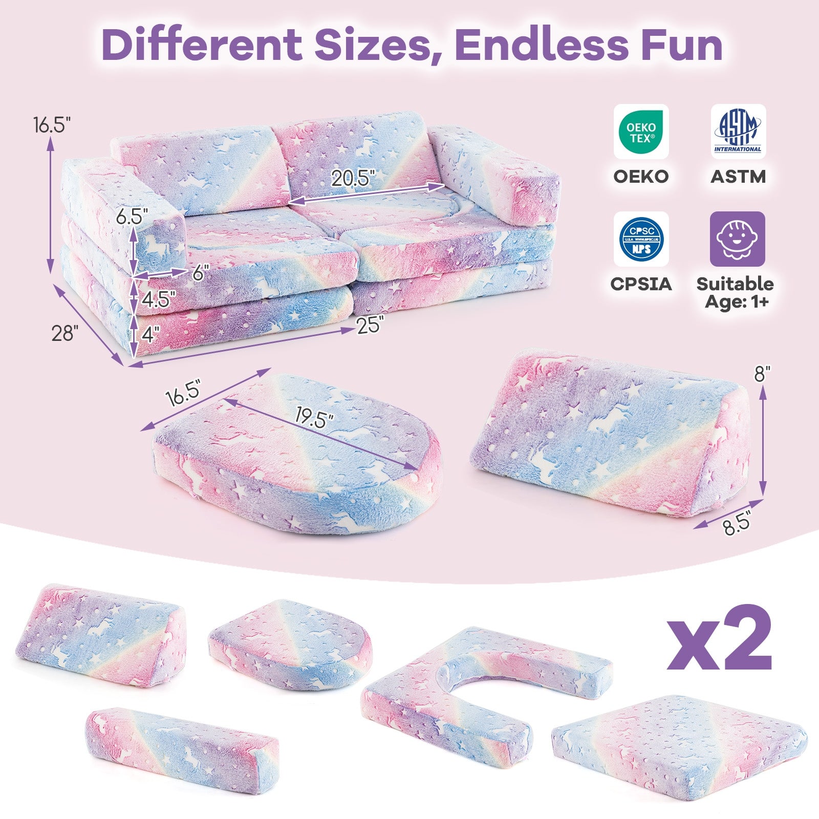 10 Pieces Modular Kids Play Couch Sectional Sofa Glow in the Dark-Multicolor
