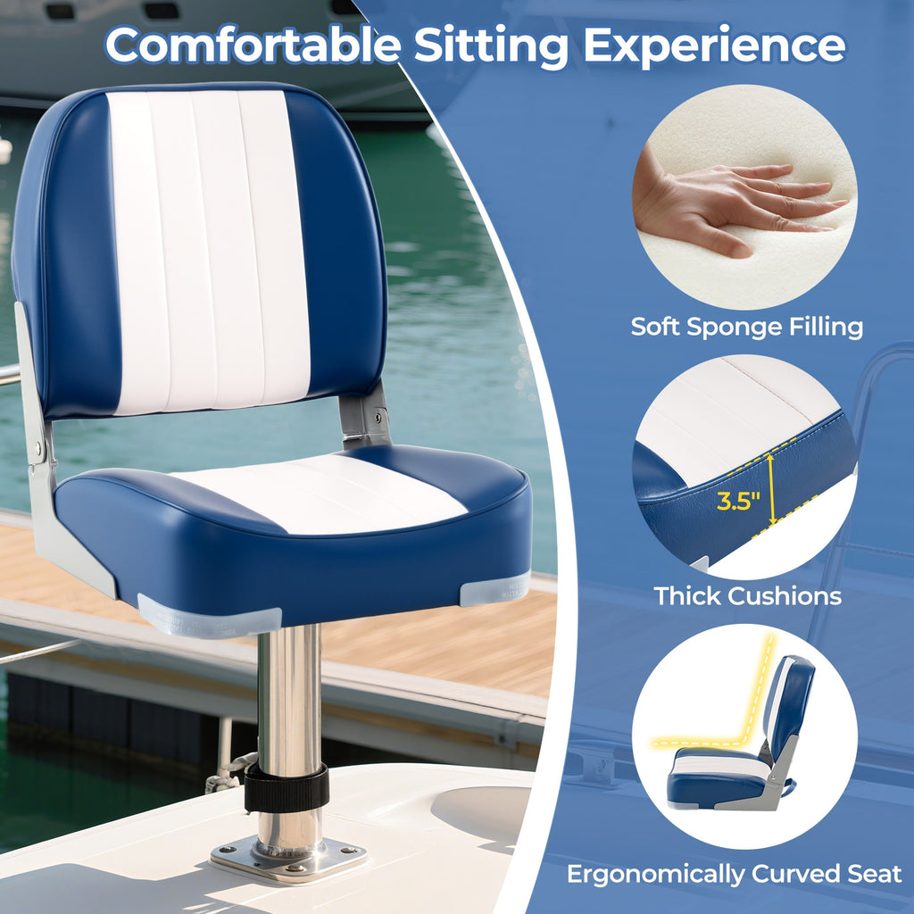 2-Pack Boat Seats Folding Low Back Boat Chairs Waterproof PVC Leather Cabin Seating-Blue