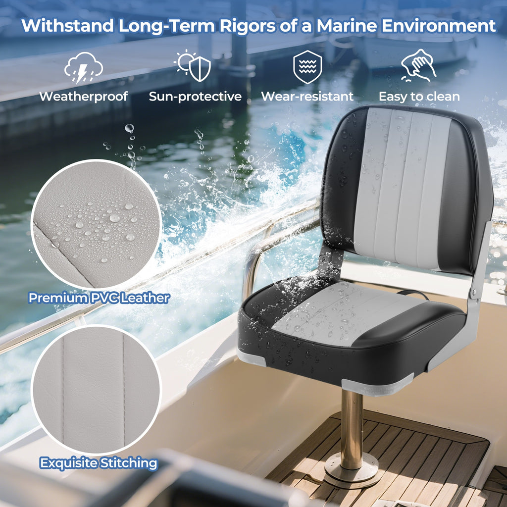 2-Pack Boat Seats Folding Low Back Boat Chairs Waterproof PVC Leather Cabin Seating-Gray
