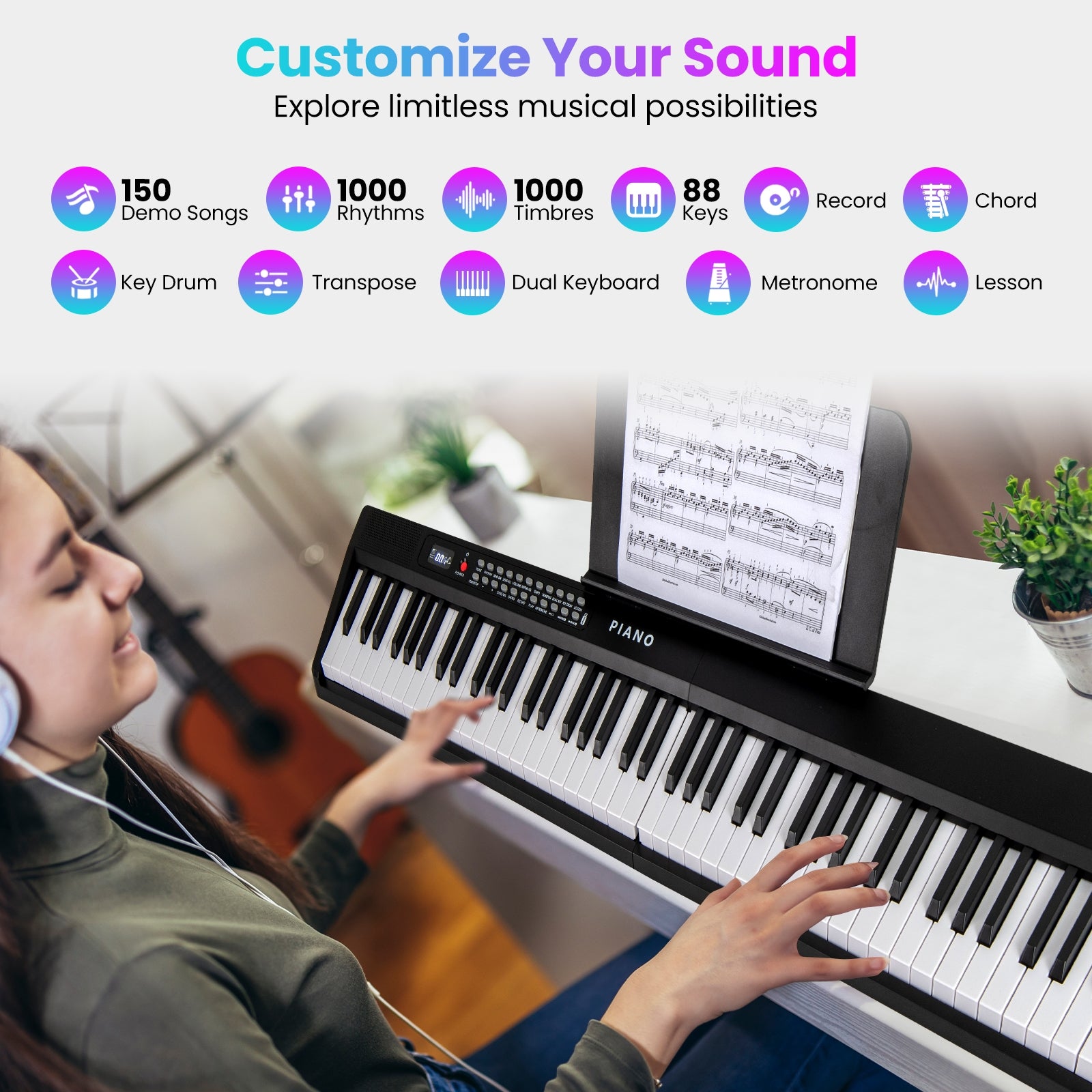 88 Key Foldable Electric Keyboard Piano with Wireless MIDI and Dual Speakers-White