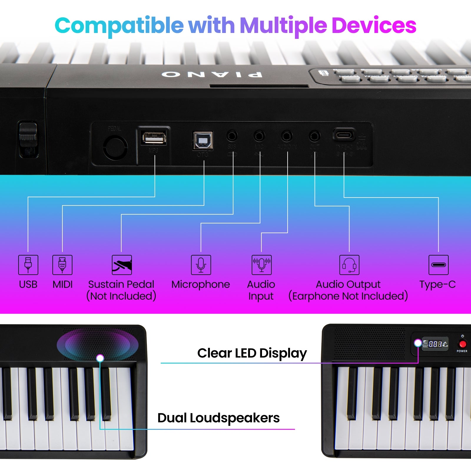 88 Key Foldable Electric Keyboard Piano with Wireless MIDI and Dual Speakers-Black