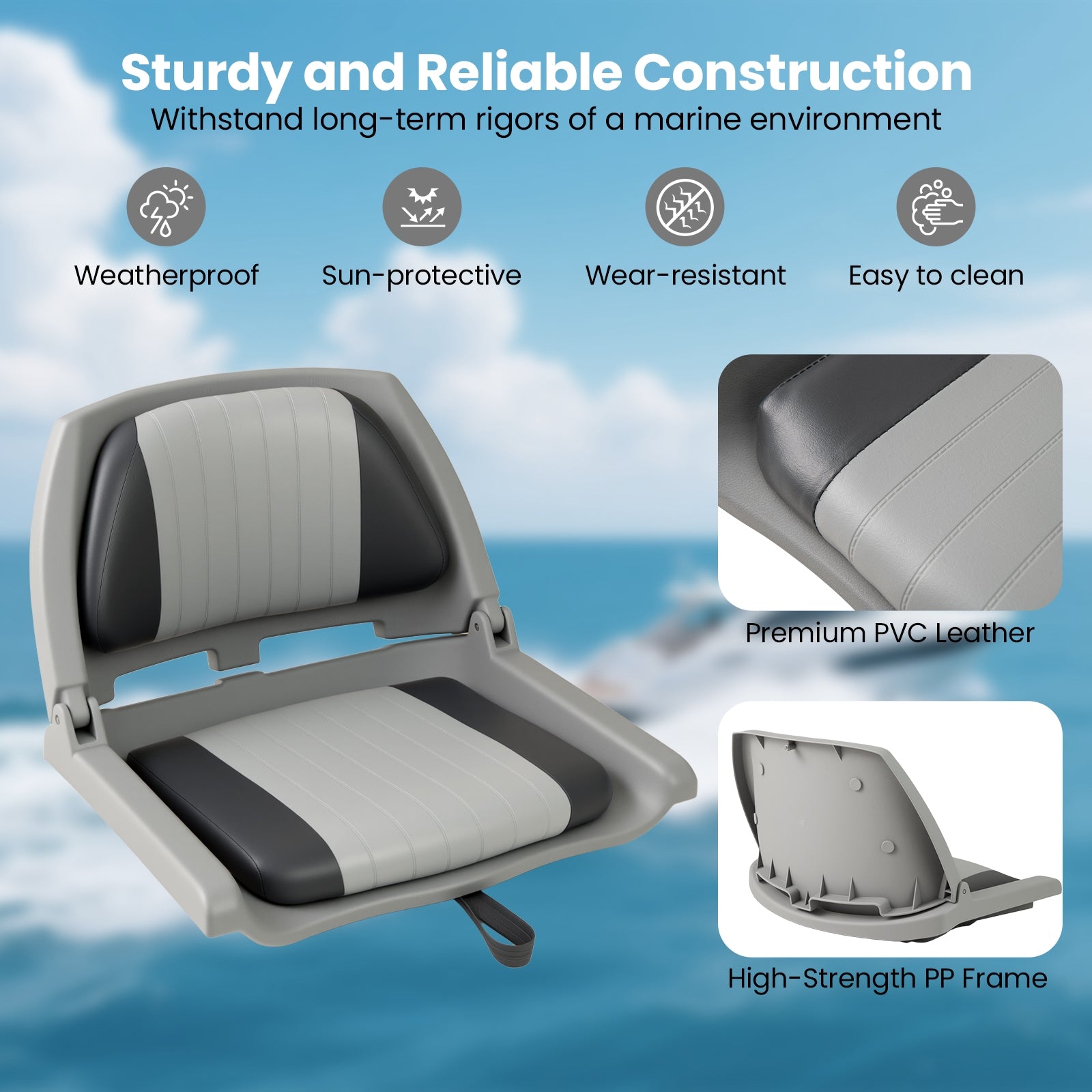 Boat Seat Folding Low Back Boat Chair with Marine-Grade PVC-Gray