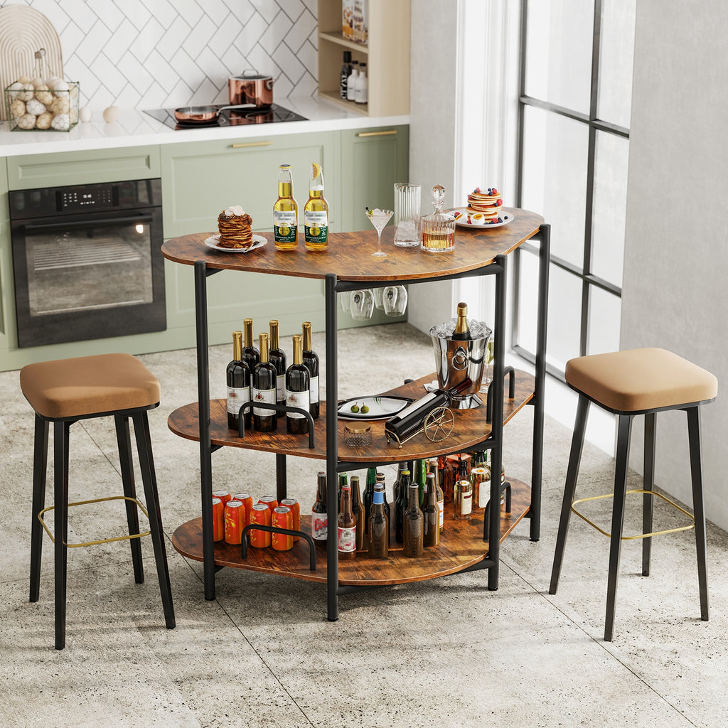 3-Tier Liquor Bar Table with Stemware Racks and Storage Shelves-Rustic Brown