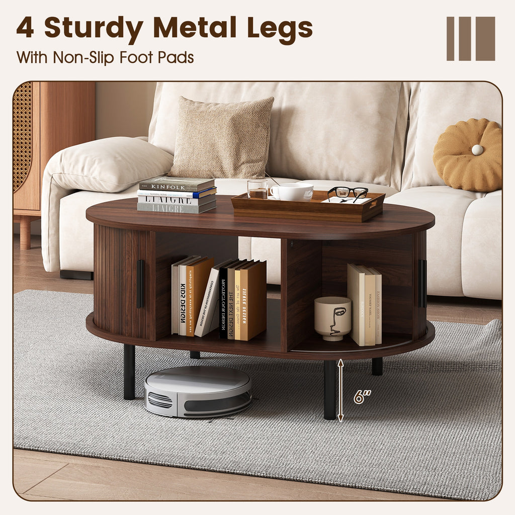 Oval Coffee Table with Open Compartment and Sector Shelves-Walnut