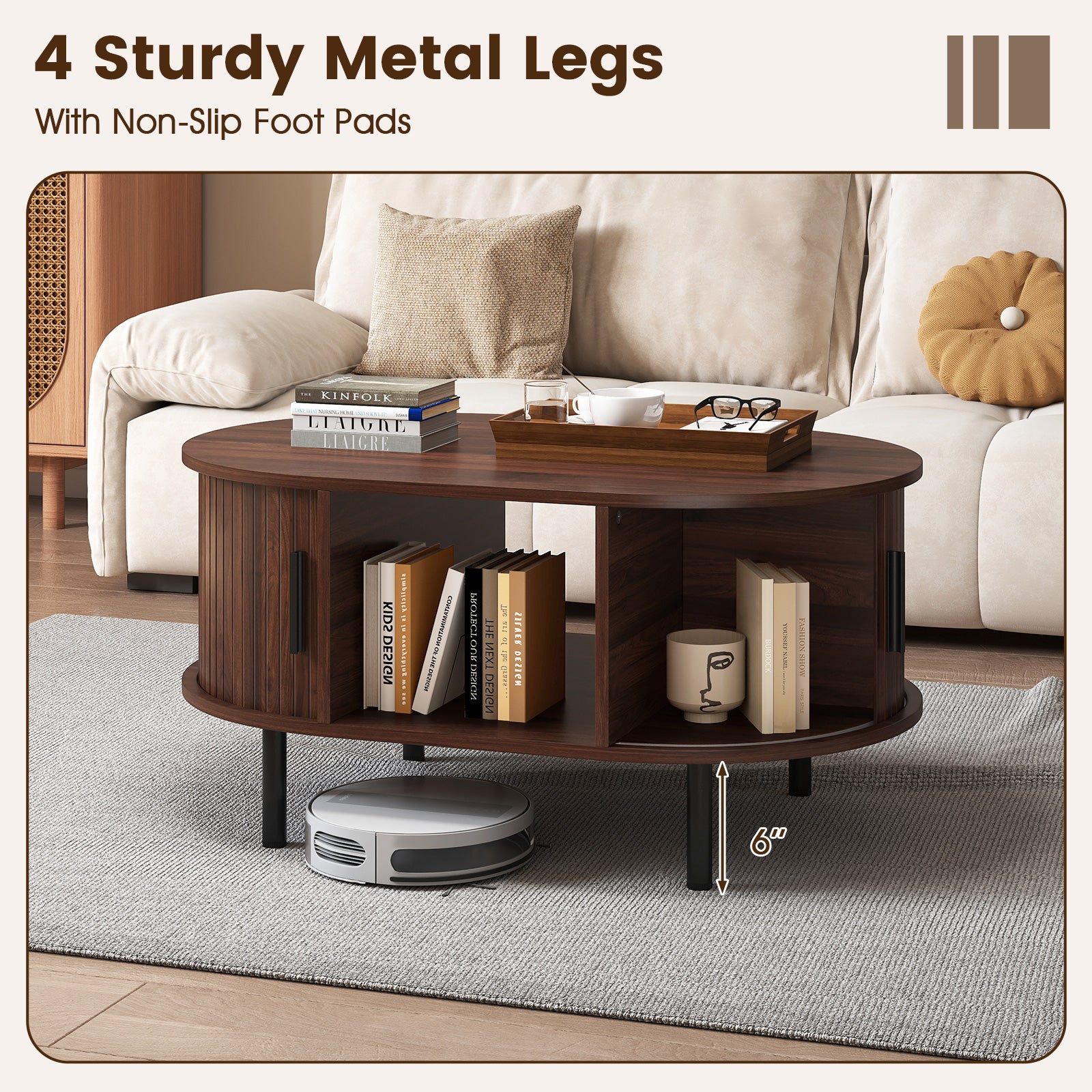Oval Coffee Table with Open Compartment and Sector Shelves-Walnut