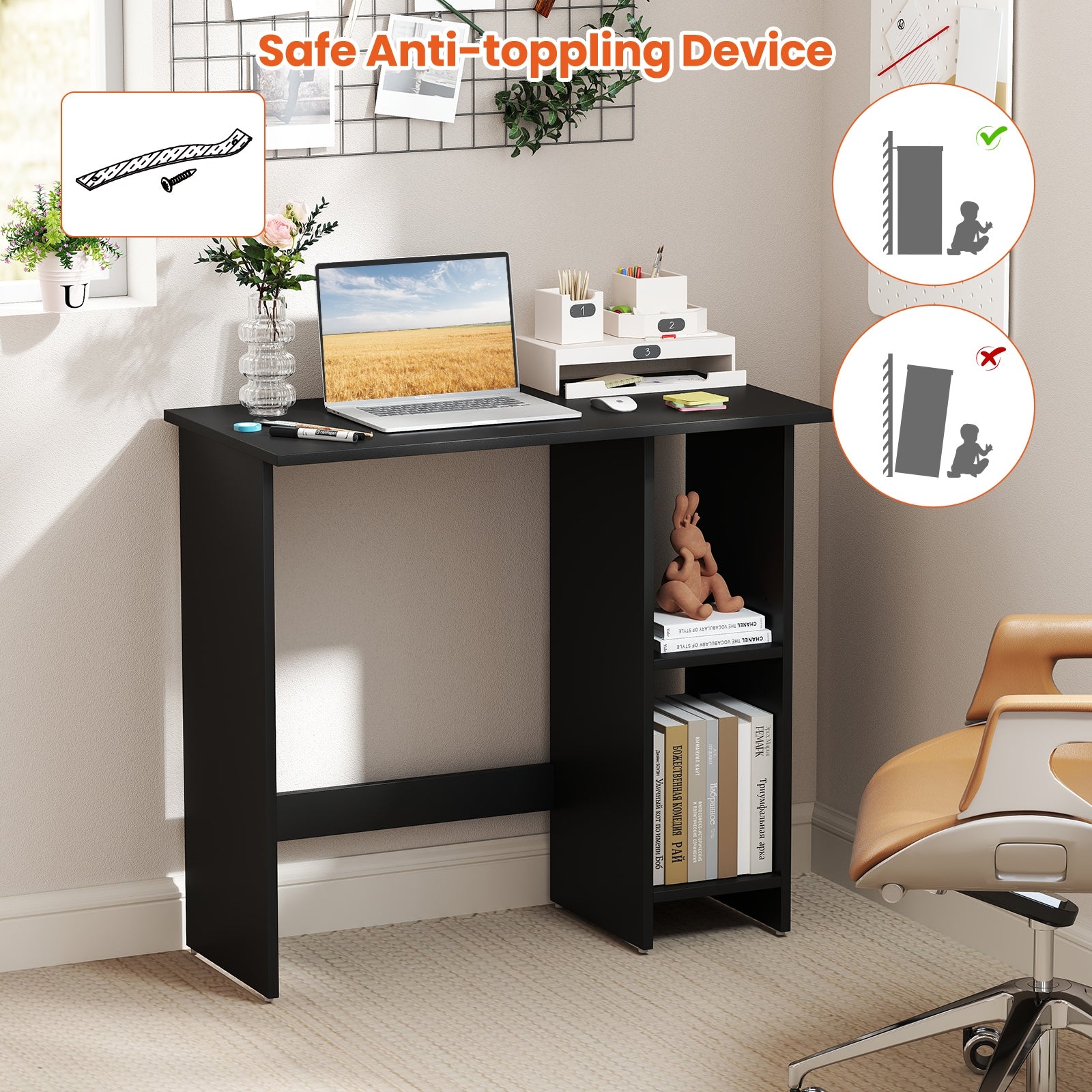Small Computer Desk with Storage and Adjustable Shelf-Black