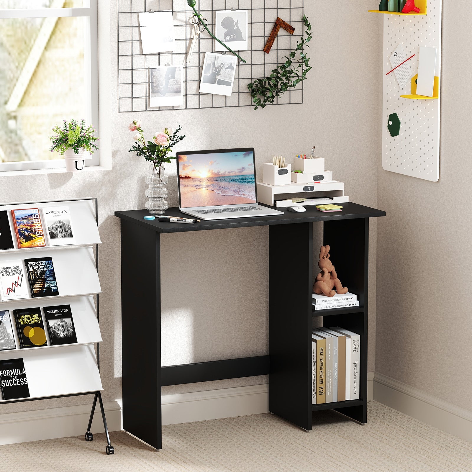 Small Computer Desk with Storage and Adjustable Shelf-Black