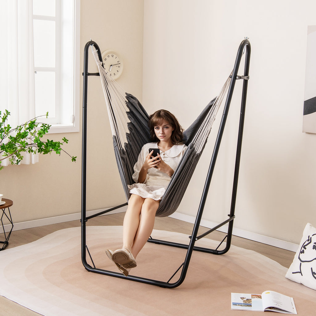 Hammock Chair with Heavy Duty Metal Frame and Side Pocket-Gray