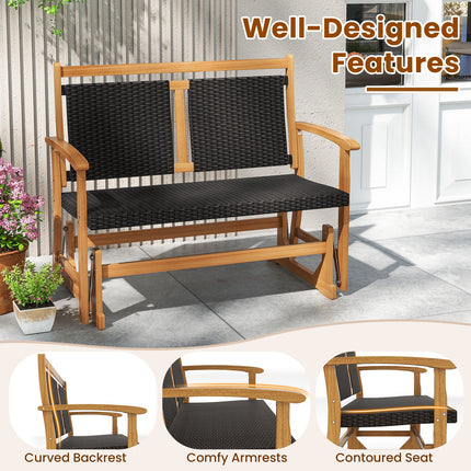 Patio Rattan Glider Bench for 2 with Acacia Wood Frame and Wicker Seat Back