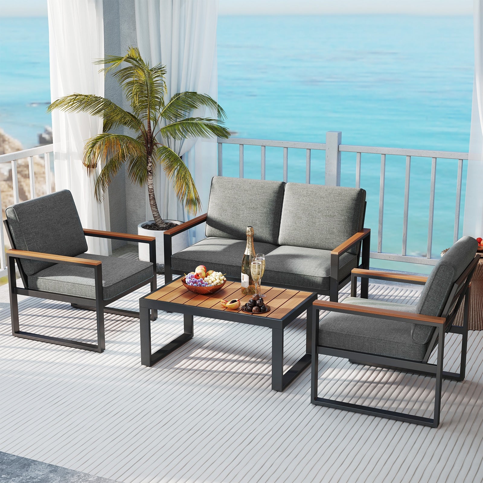 Ensemble de 2 fauteuils de balcon en aluminium gris pour patio