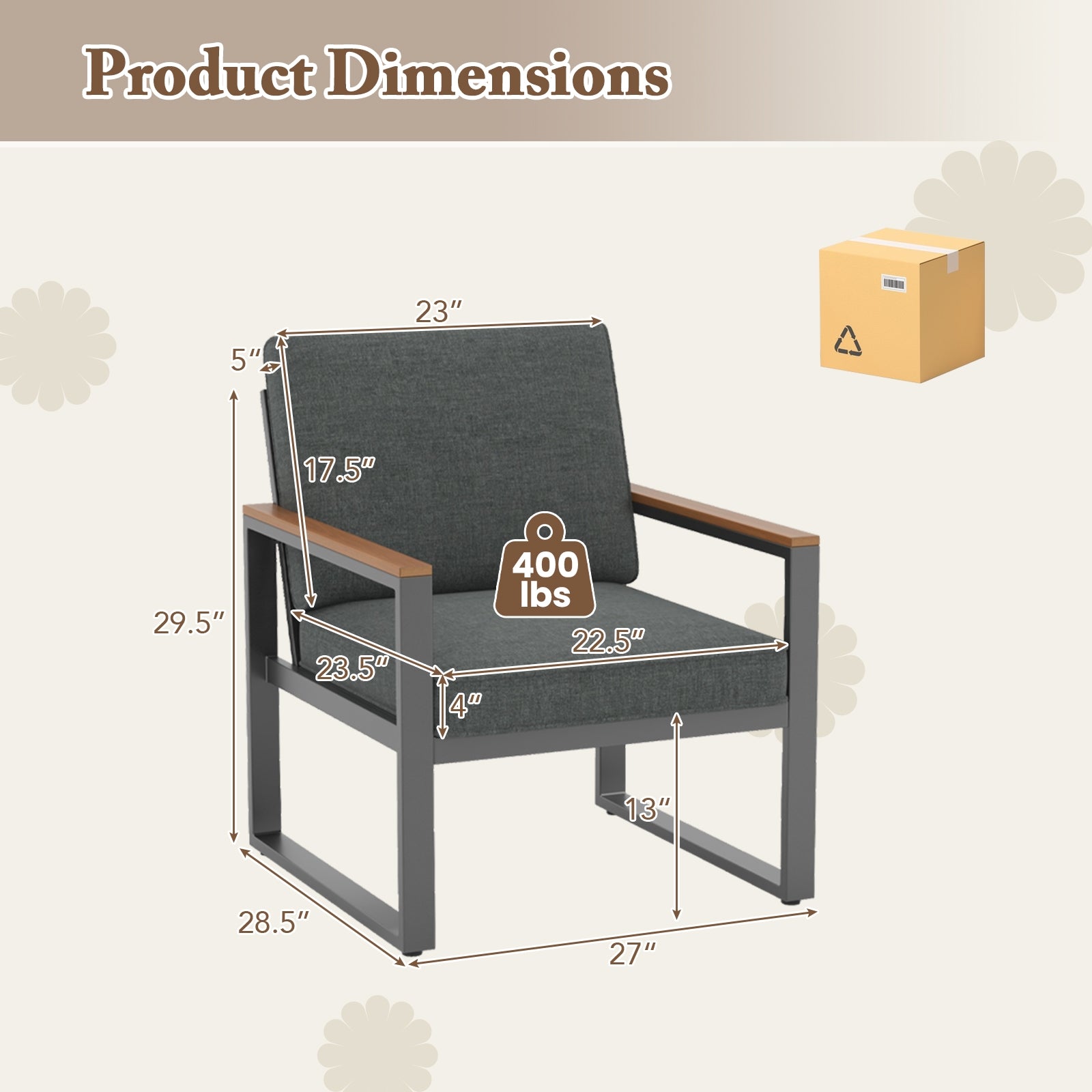 Ensemble de 2 fauteuils de balcon en aluminium gris pour patio
