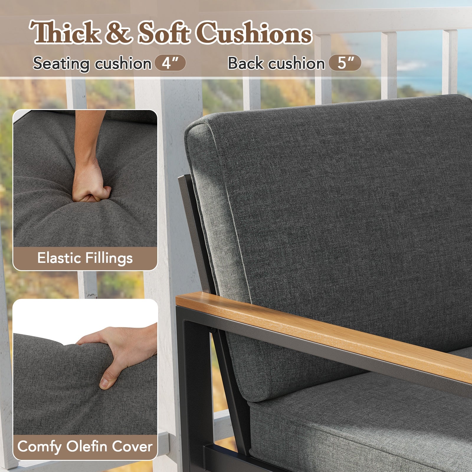 Ensemble de 2 fauteuils de balcon en aluminium gris pour patio