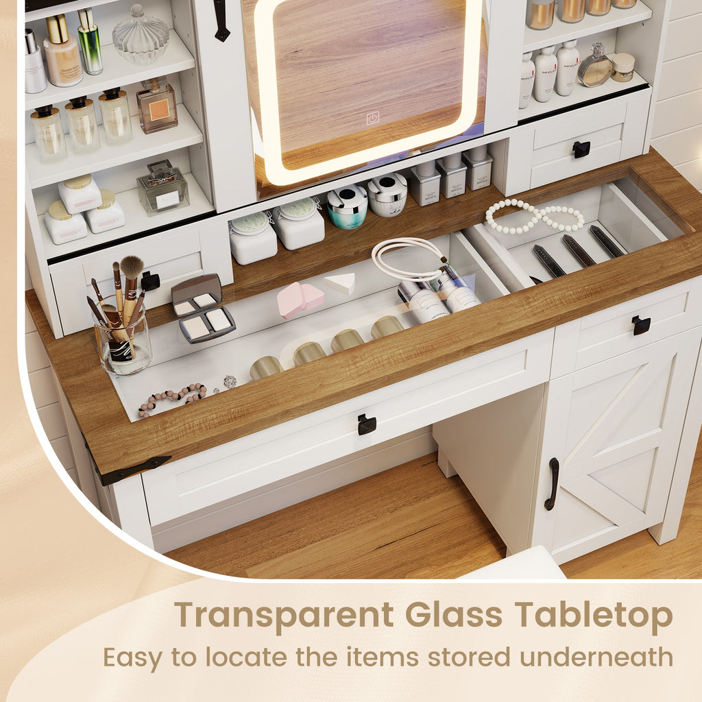 Makeup Vanity Desk with Mirror and 3-Color Dimmable LED Lights-White