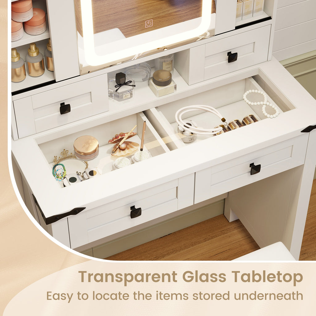Makeup Vanity Desk with Mirror and Adjustable Storage Shelves-White