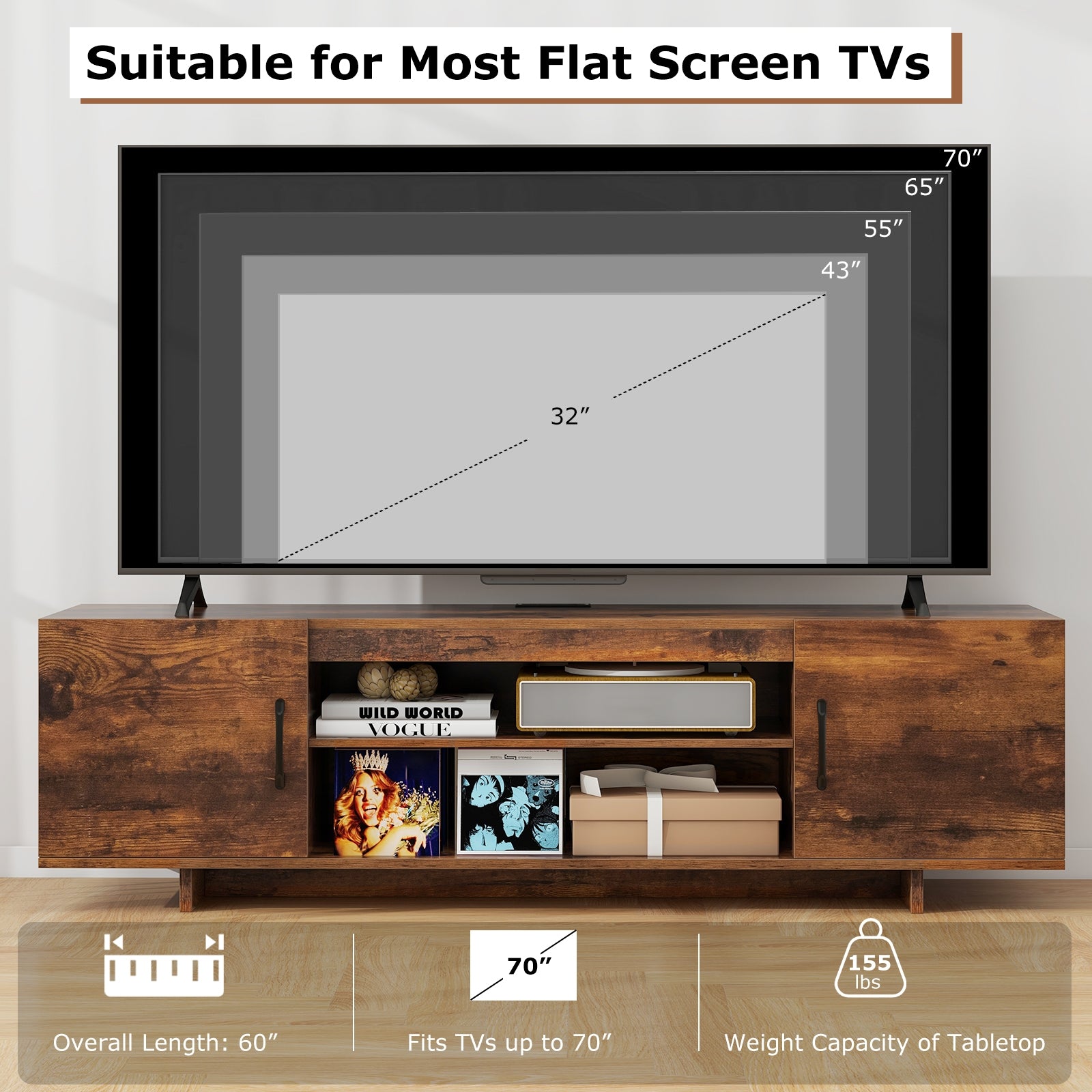 TV Stand with Power Outlet and 2 Cable Holes for 65 Inch TVs-Rustic Brown