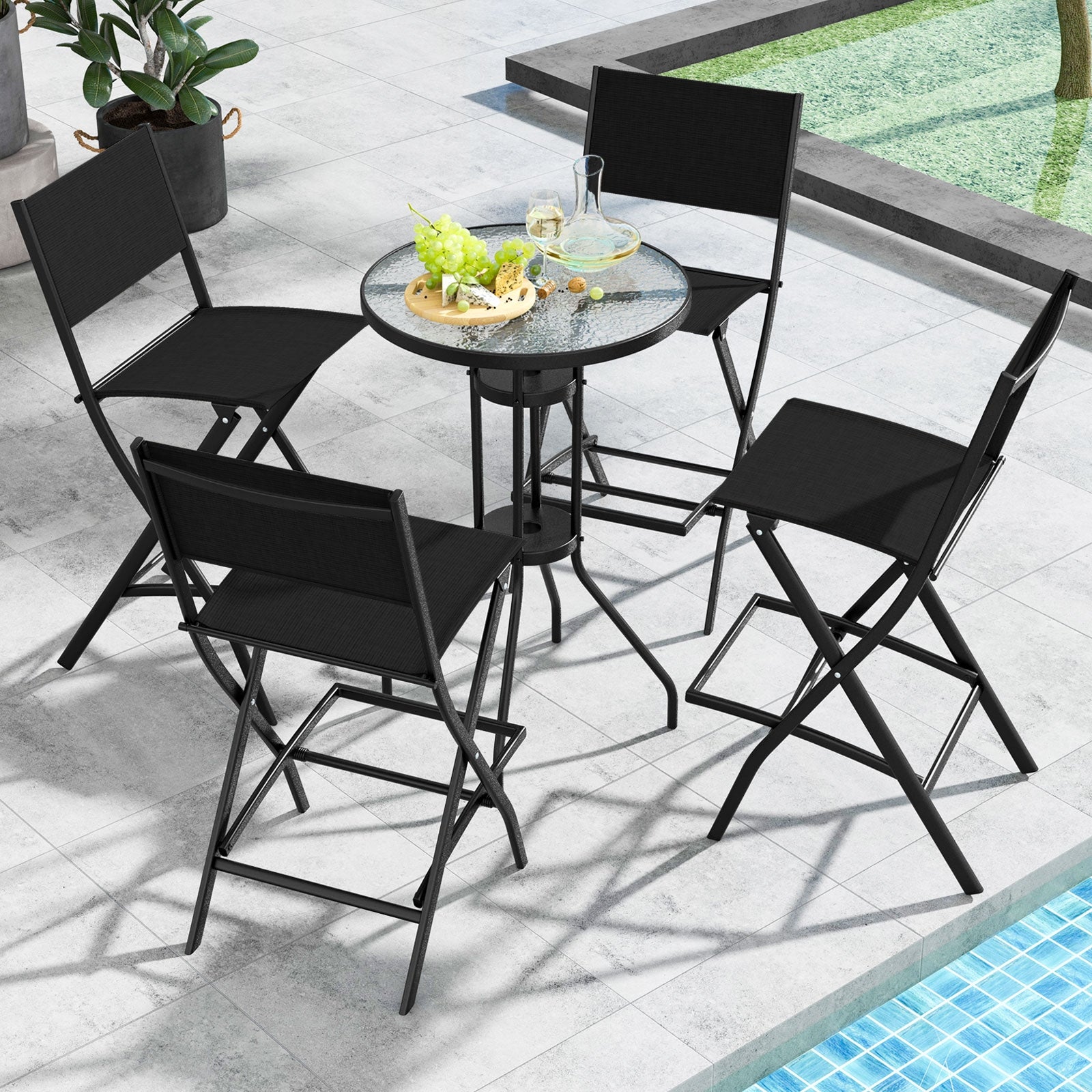 Tabourets de bar pliables, lot de 2, dossier et repose-pieds ergonomique, noirs