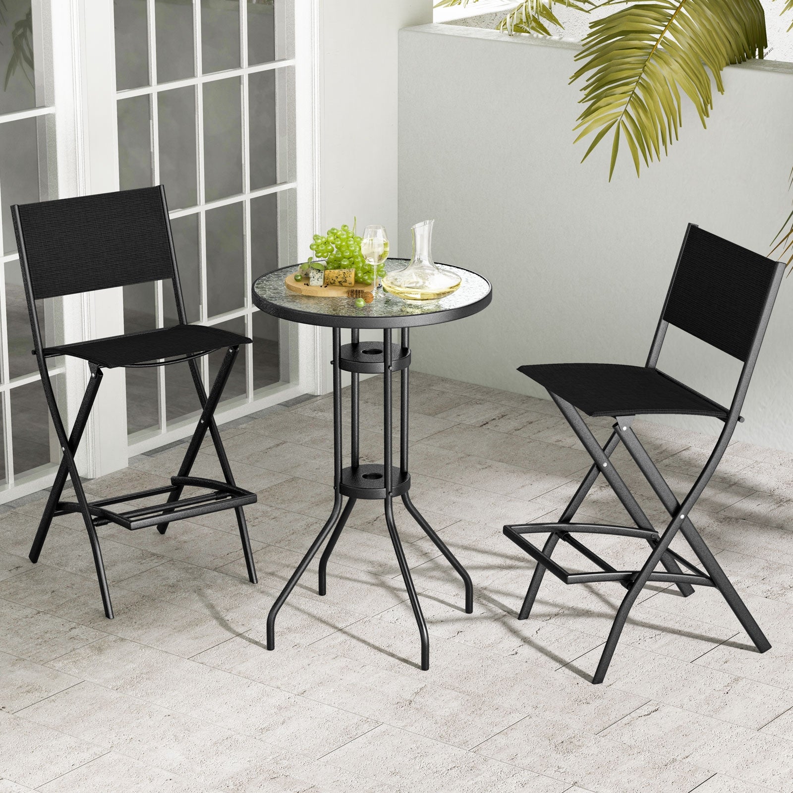 Tabourets de bar pliables, lot de 2, dossier et repose-pieds ergonomique, noirs