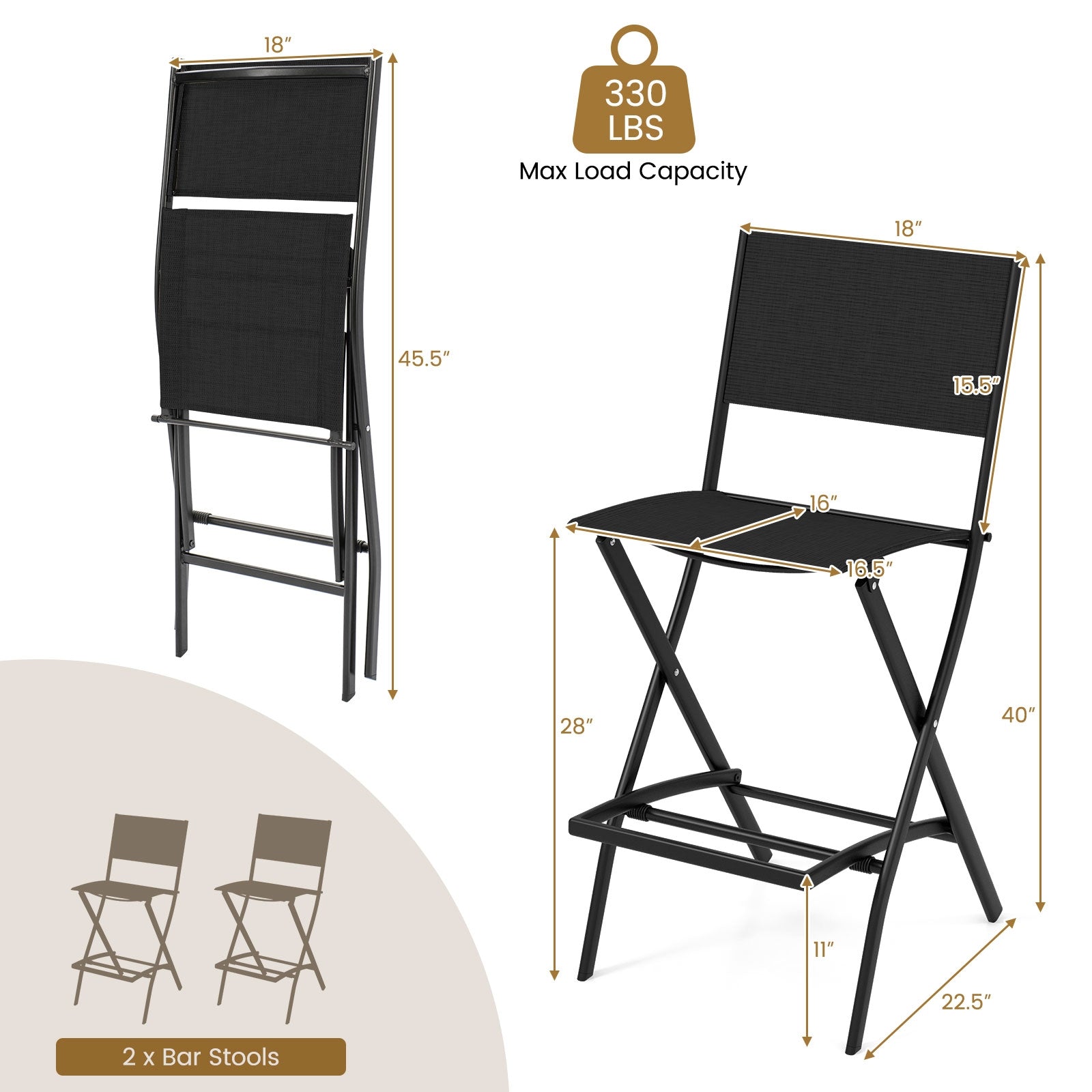 Tabourets de bar pliables, lot de 2, dossier et repose-pieds ergonomique, noirs