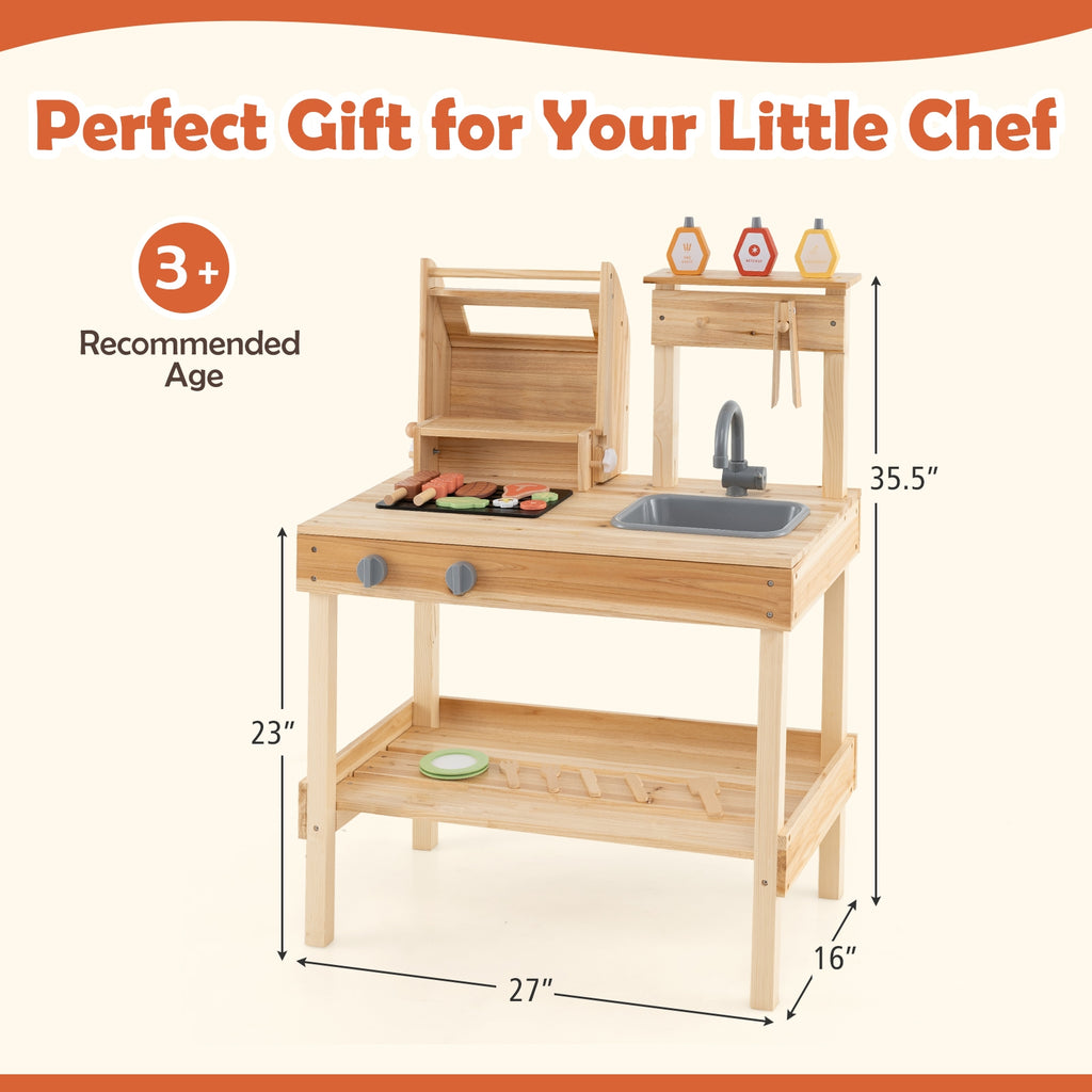 Wooden Barbecue Grill Playset with Play Food and Open Shelves-Natural
