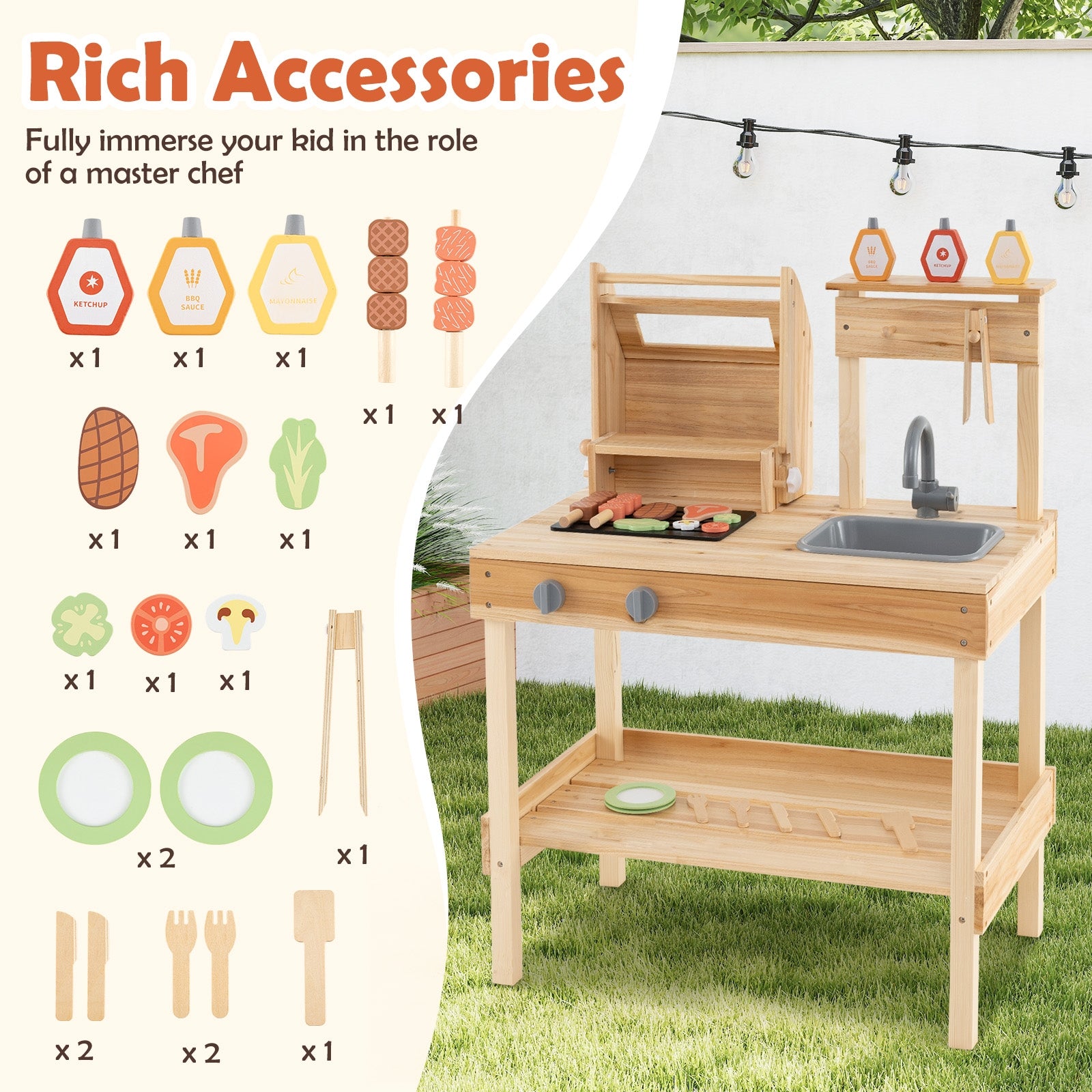 Wooden Barbecue Grill Playset with Play Food and Open Shelves-Natural