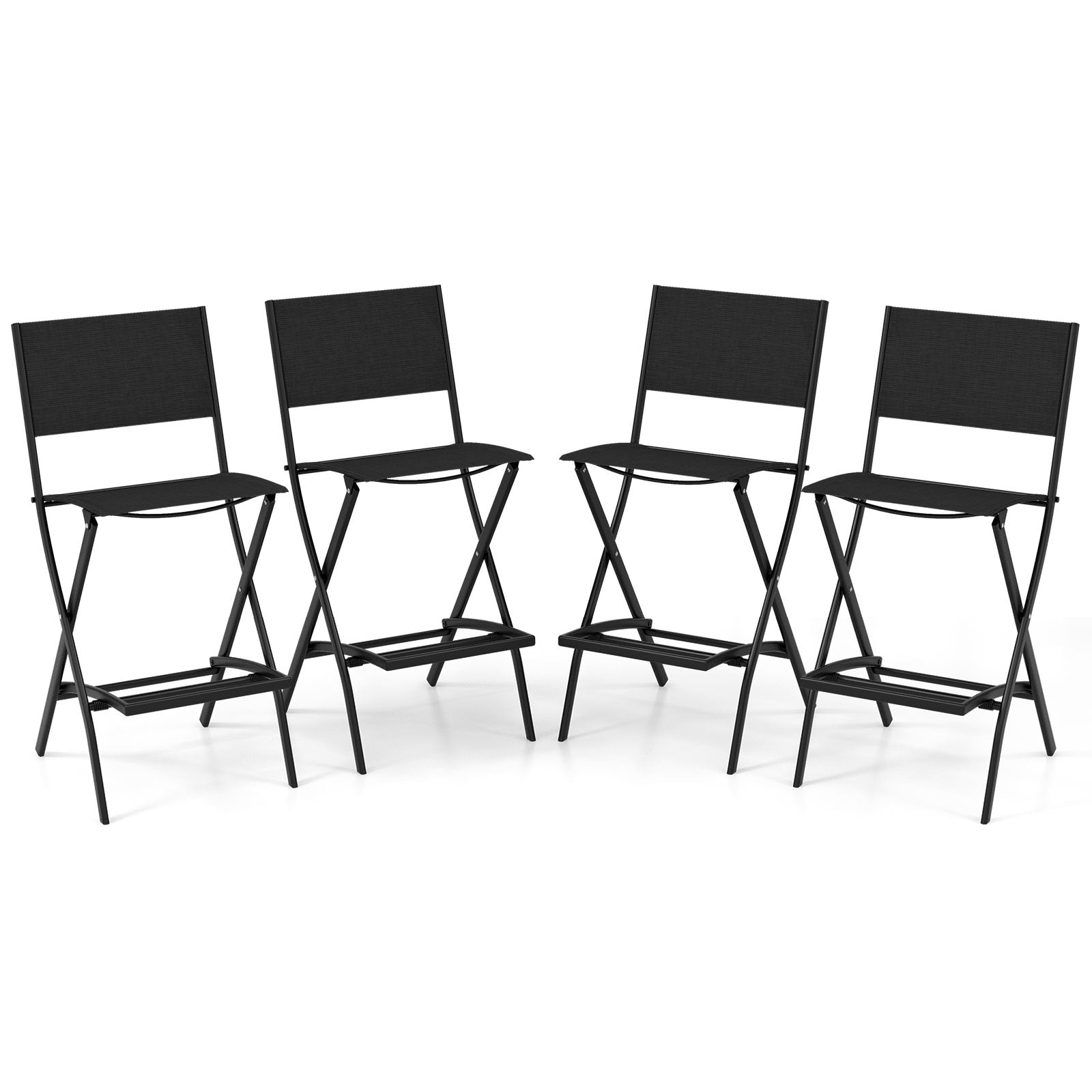 Tabourets de bar pliants d'extérieur, lot de 4, avec structure en métal et repose-pieds - Noir