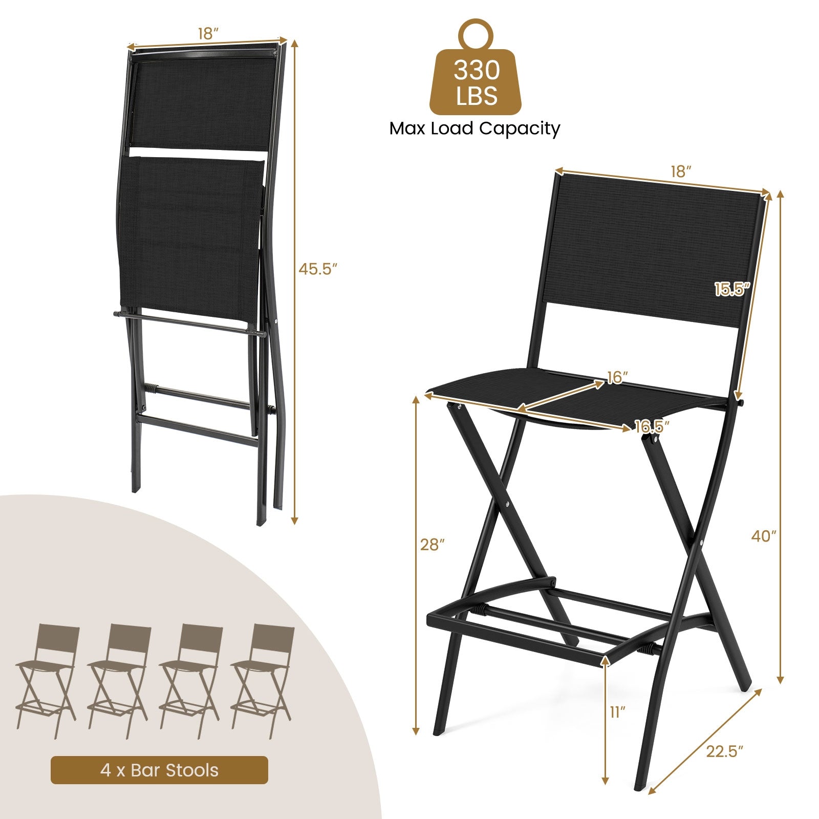 Tabourets de bar pliants d'extérieur, lot de 4, avec structure en métal et repose-pieds - Noir