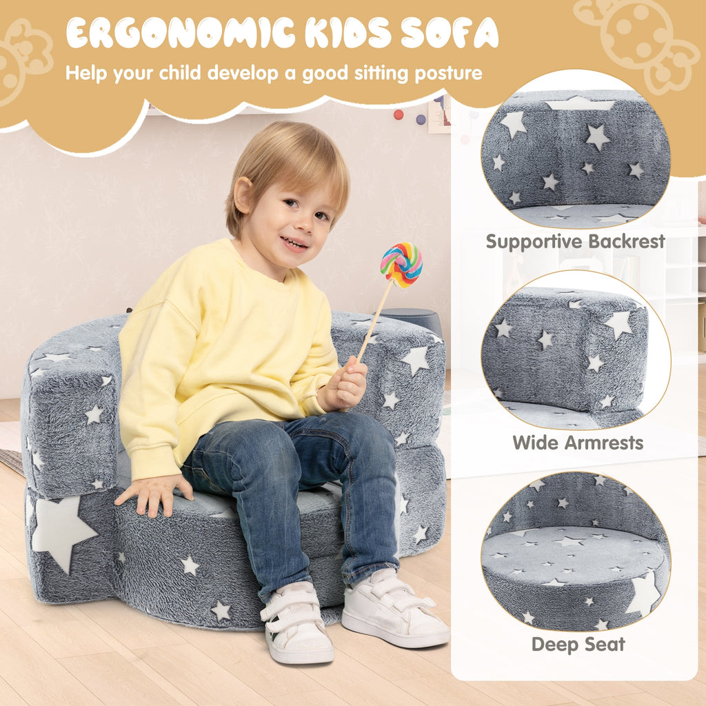 2-in-1 Convertible Glow in the Dark Kids Sofa with Removable Washable Cover-Gray