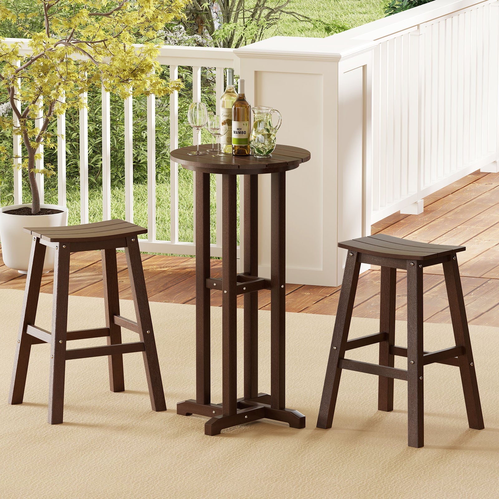 21.5 Inch Round Bar Table Patio HDPE Bar Height Dining Table with Slatted Tabletop-Brown