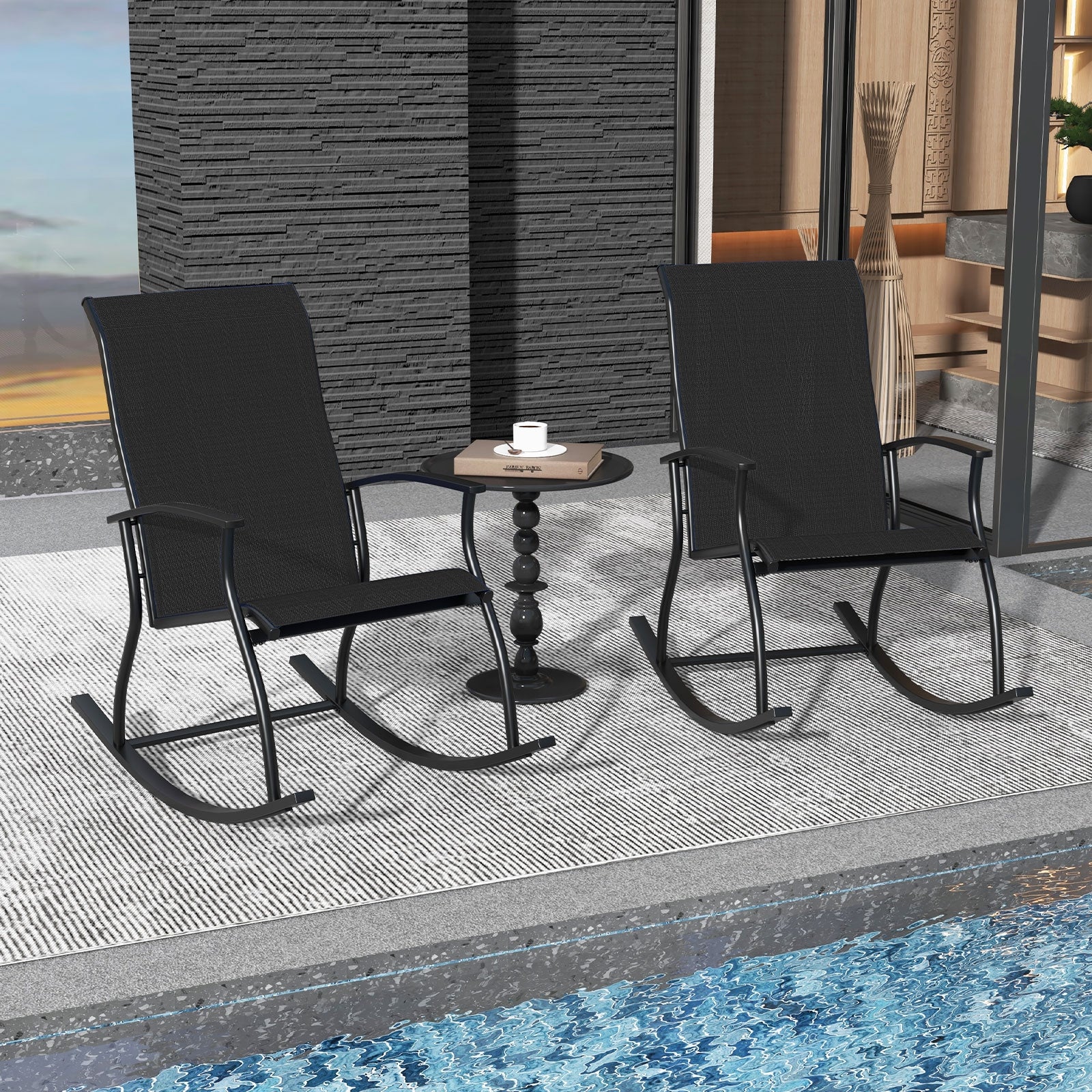 2 chaises à bascule d'extérieur avec dossier respirant - Noir