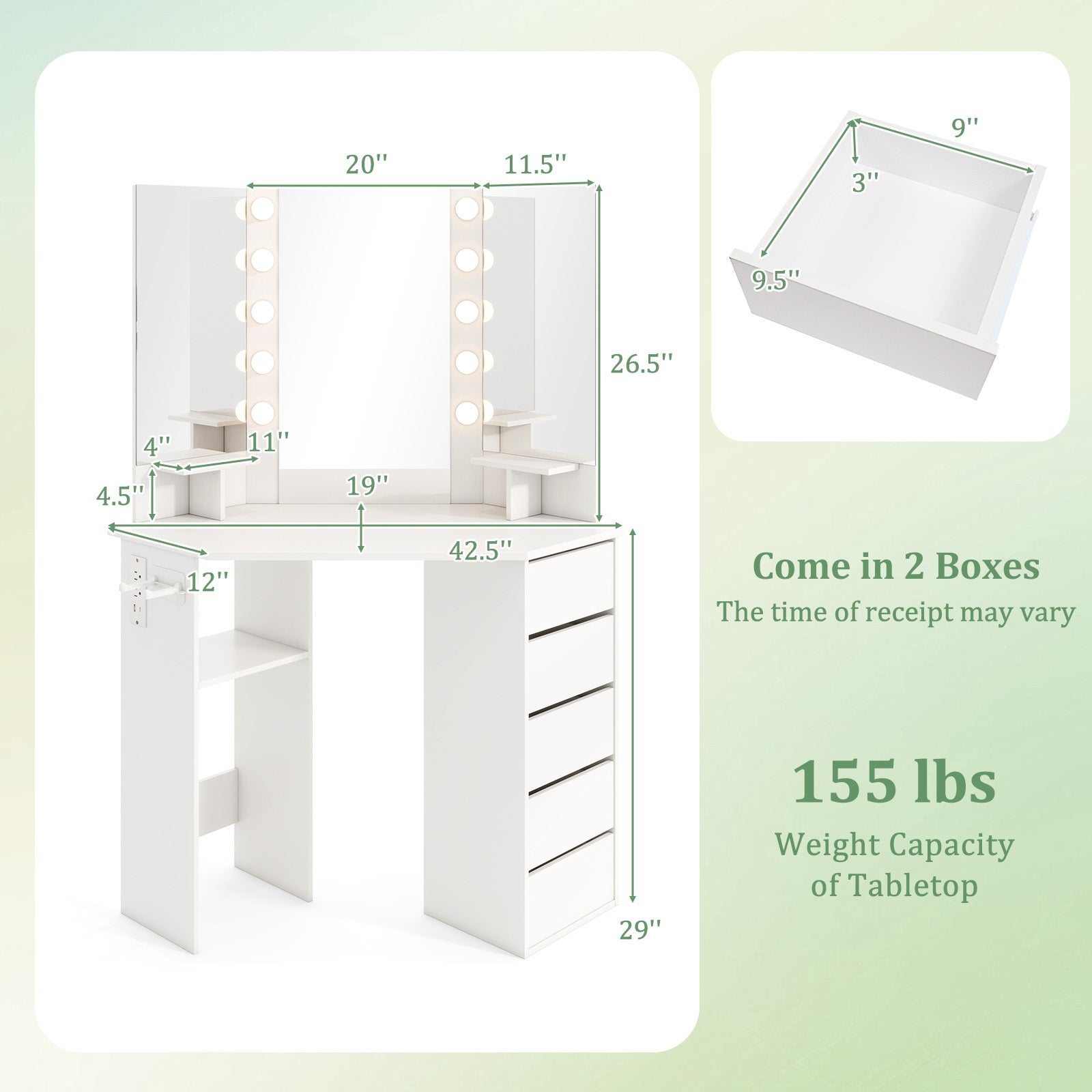 Corner Vanity Desk with 3-Color LED Lighted Mirror and Power Outlet-White