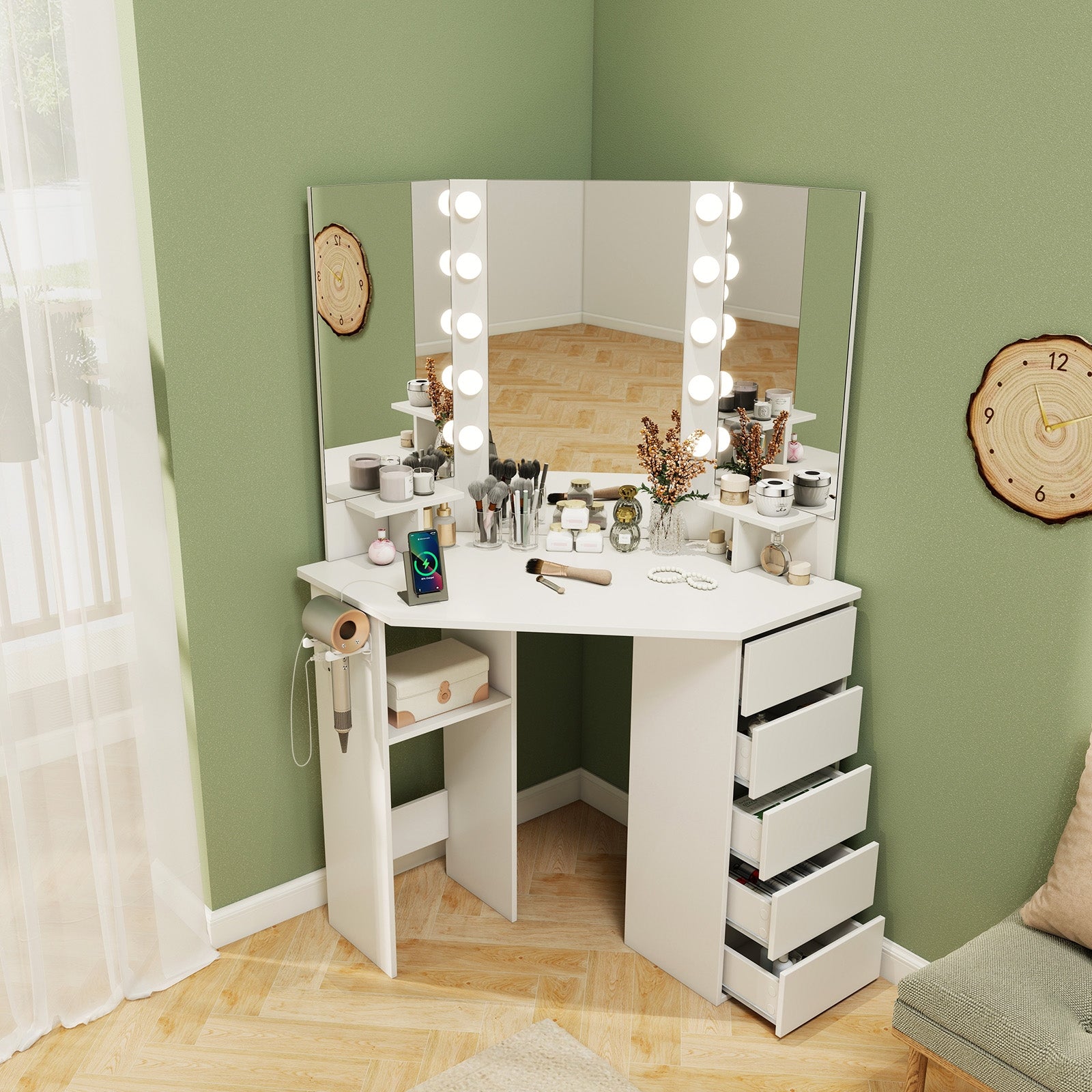 Corner Vanity Desk with 3-Color LED Lighted Mirror and Power Outlet-White