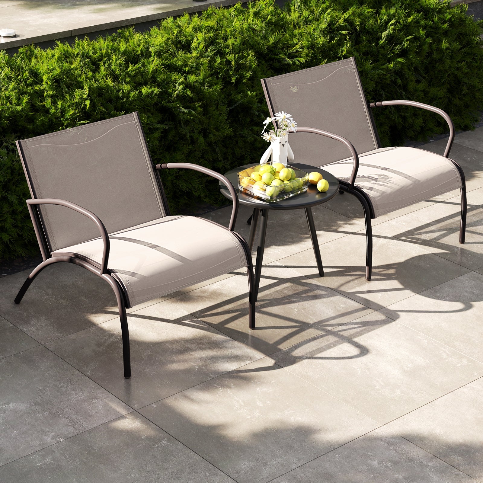 Ensemble 3 pièces de table et fauteuils larges en métal et aluminium pour patio – Brun rustique