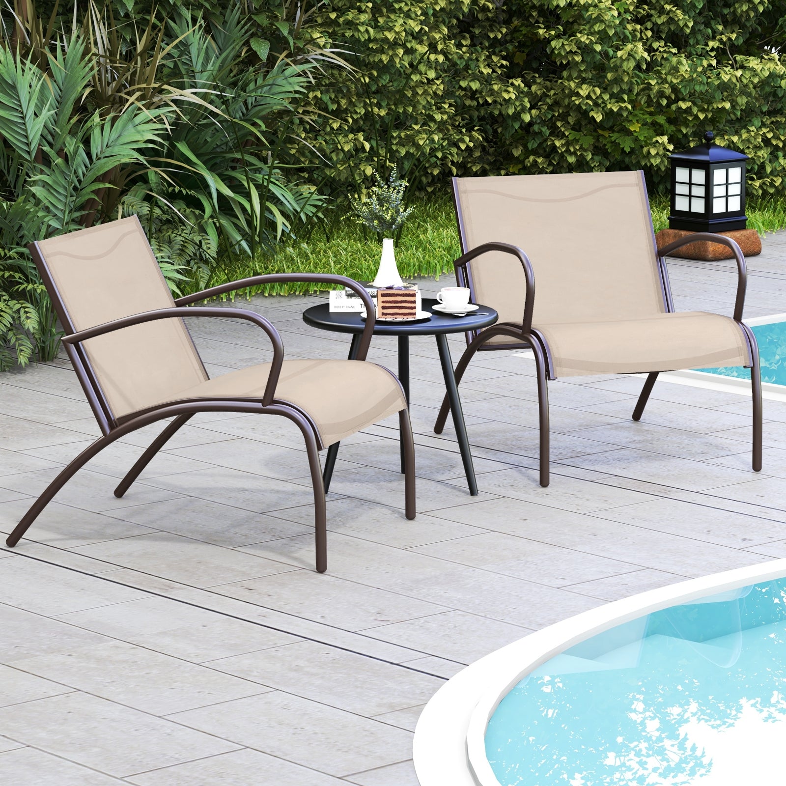 Ensemble 3 pièces de table et fauteuils larges en métal et aluminium pour patio – Brun rustique