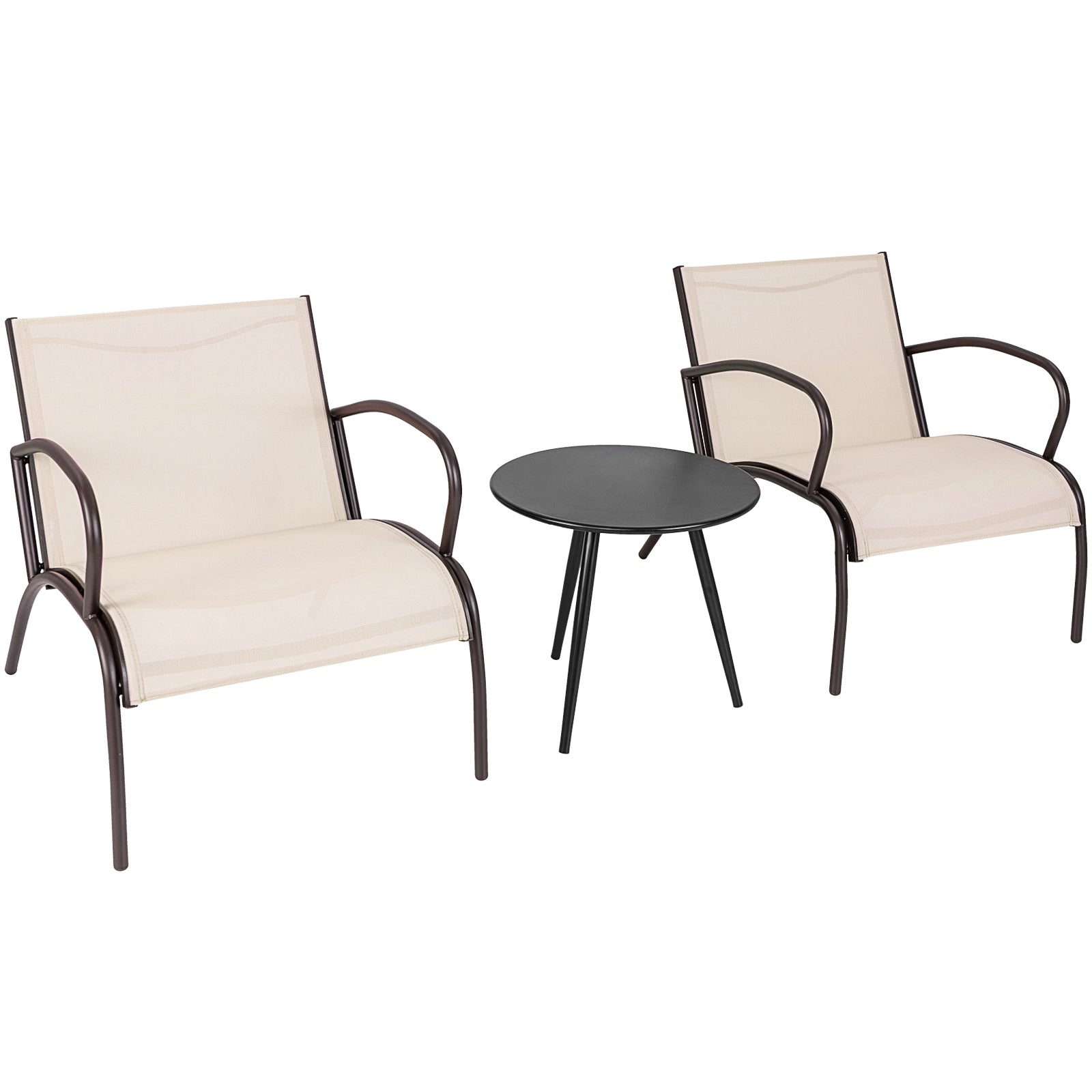 Ensemble 3 pièces de table et fauteuils larges en métal et aluminium pour patio – Brun rustique