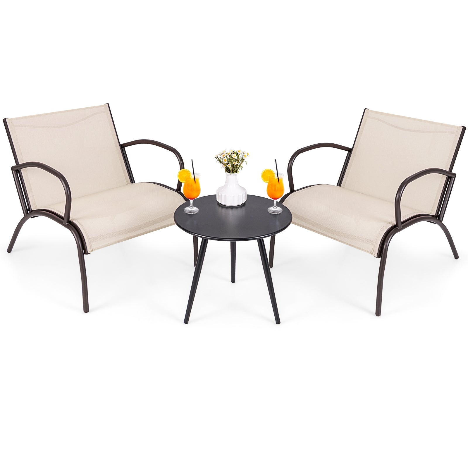 Ensemble 3 pièces de table et fauteuils larges en métal et aluminium pour patio – Brun rustique