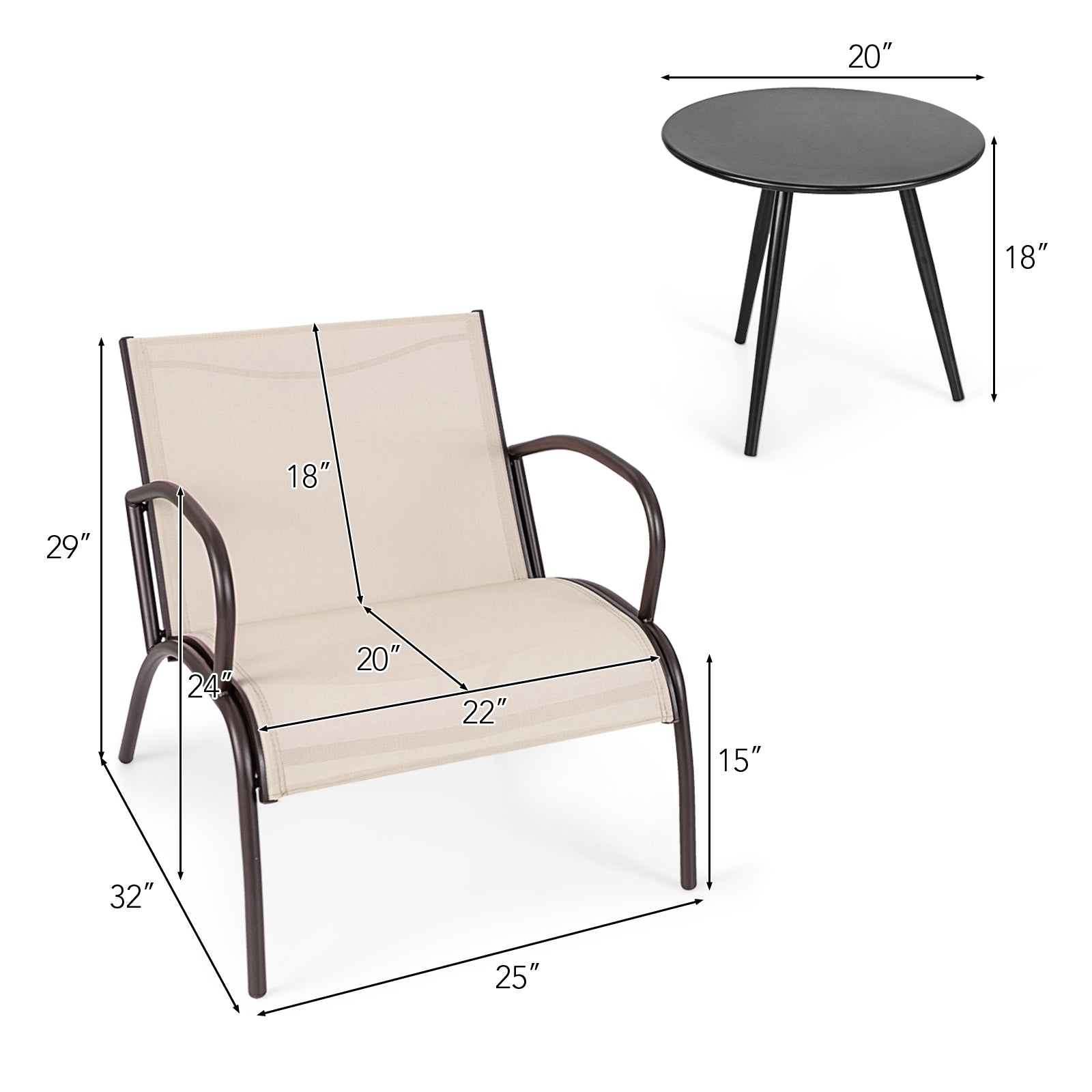 Ensemble 3 pièces de table et fauteuils larges en métal et aluminium pour patio – Brun rustique