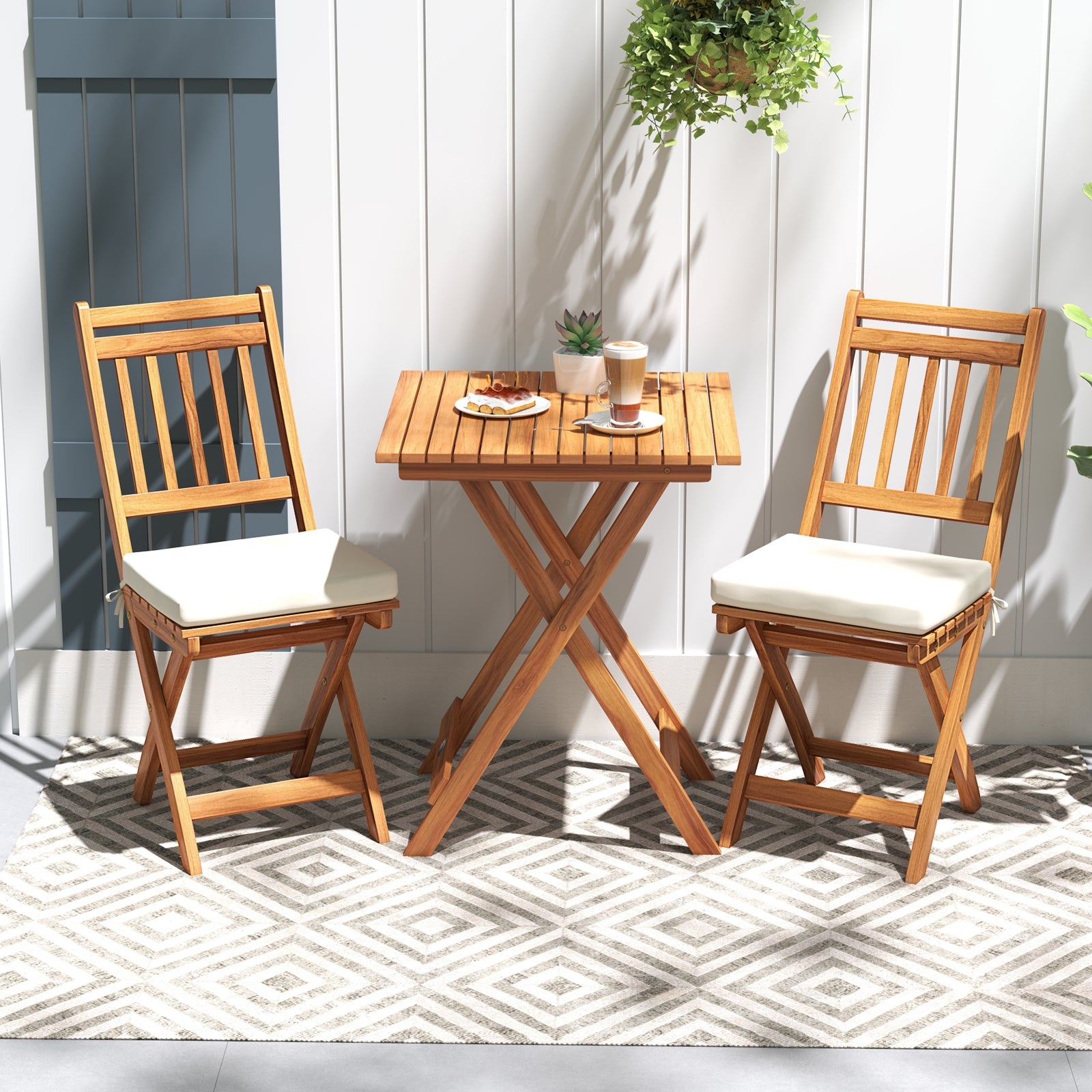 Ensemble de bistrot d'extérieur en bois avec coussins d'assise moelleux et table – Blanc