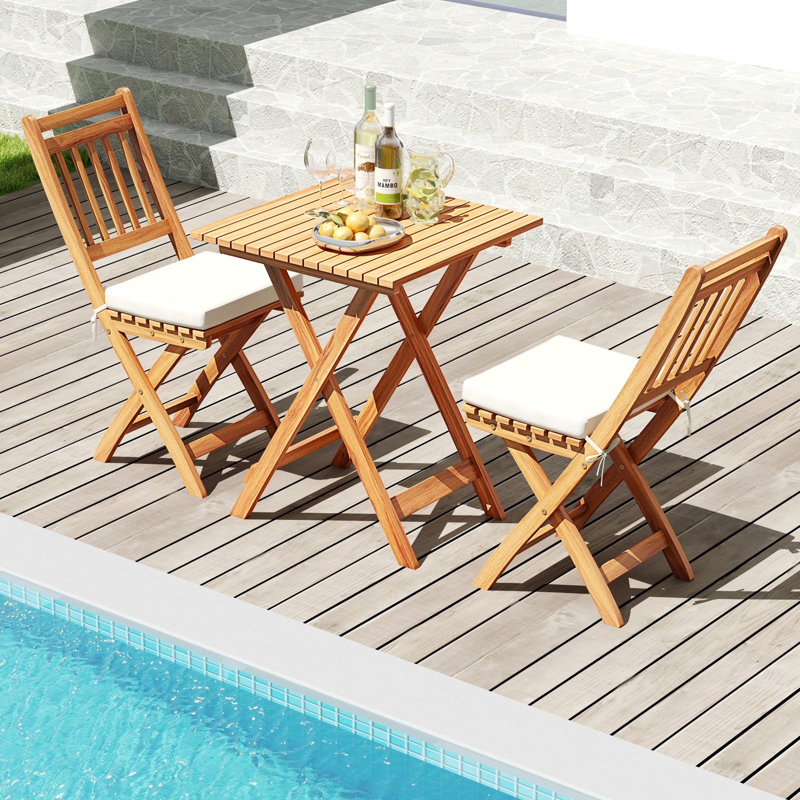 Ensemble de bistrot d'extérieur en bois avec coussins d'assise moelleux et table – Blanc