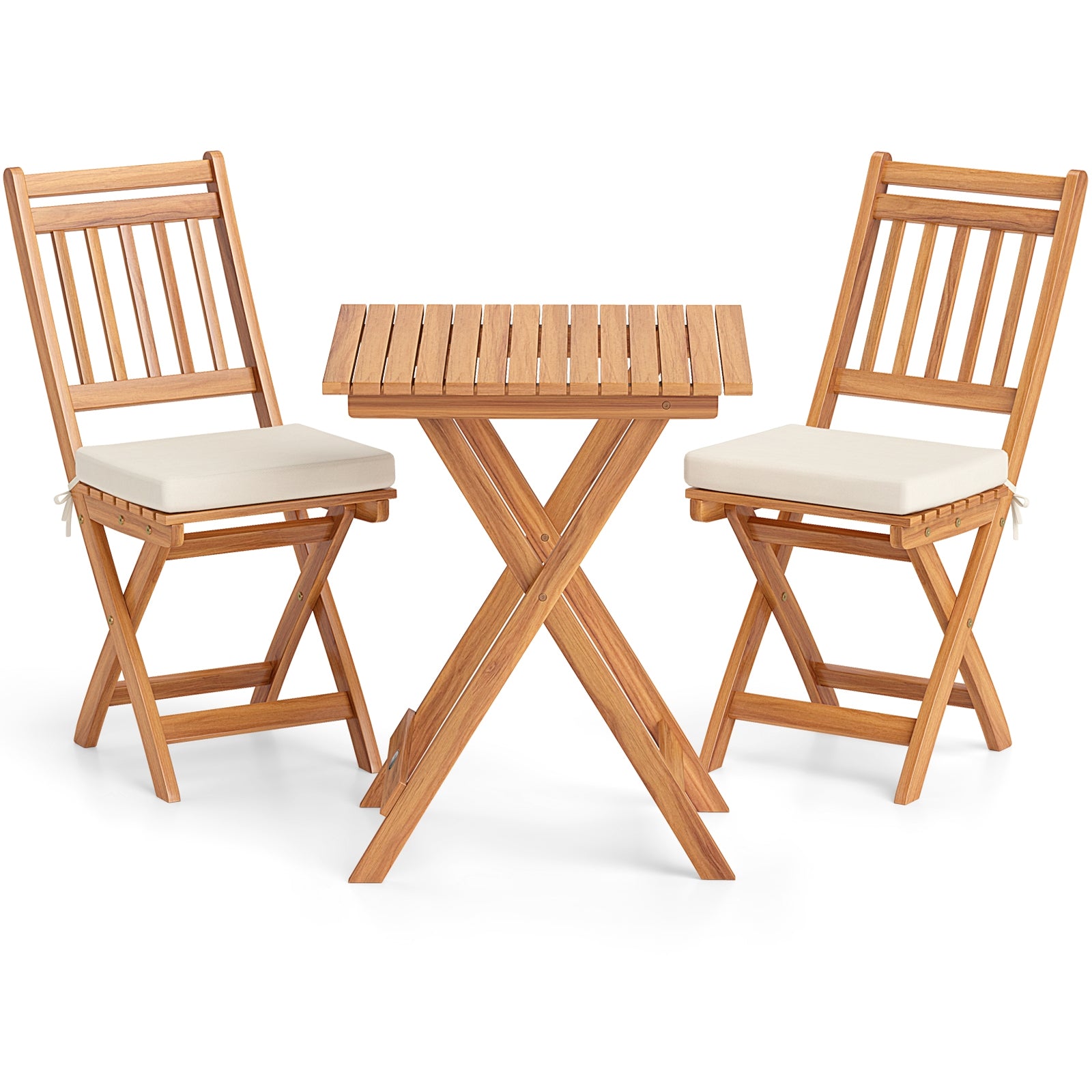 Ensemble de bistrot d'extérieur en bois avec coussins d'assise moelleux et table – Blanc