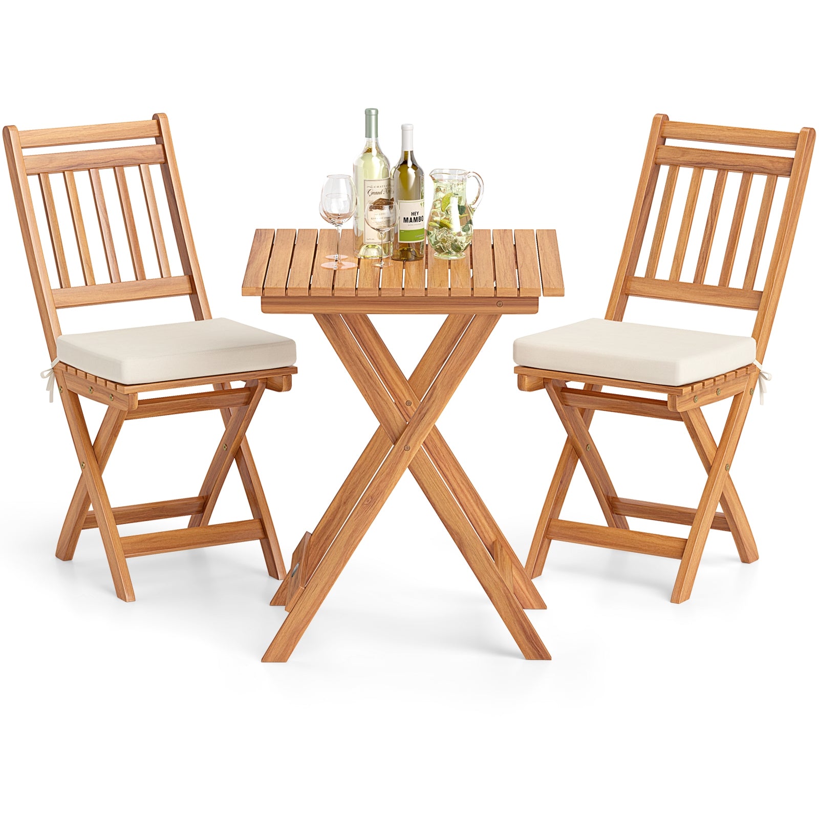 Ensemble de bistrot d'extérieur en bois avec coussins d'assise moelleux et table – Blanc