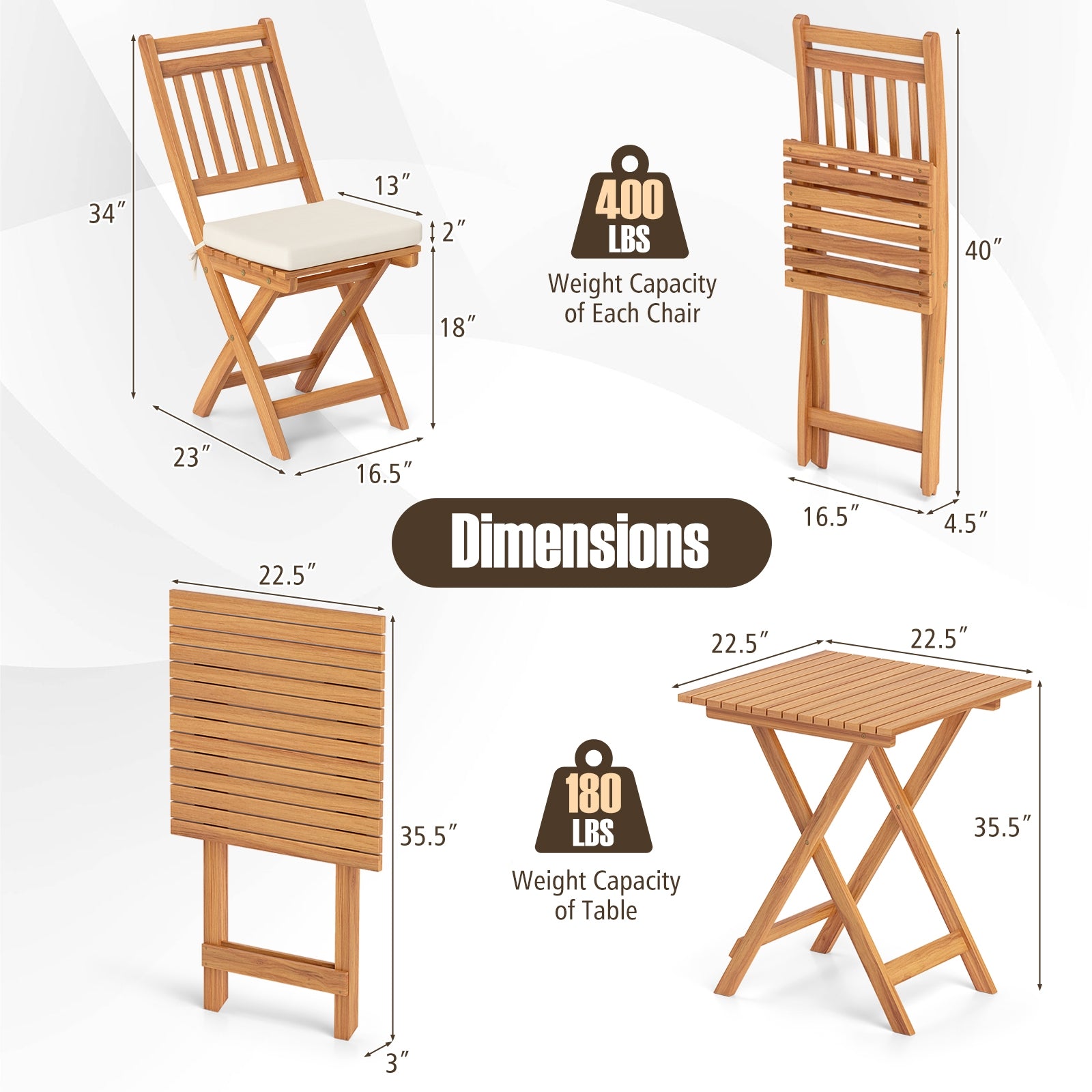 Ensemble de bistrot d'extérieur en bois avec coussins d'assise moelleux et table – Blanc