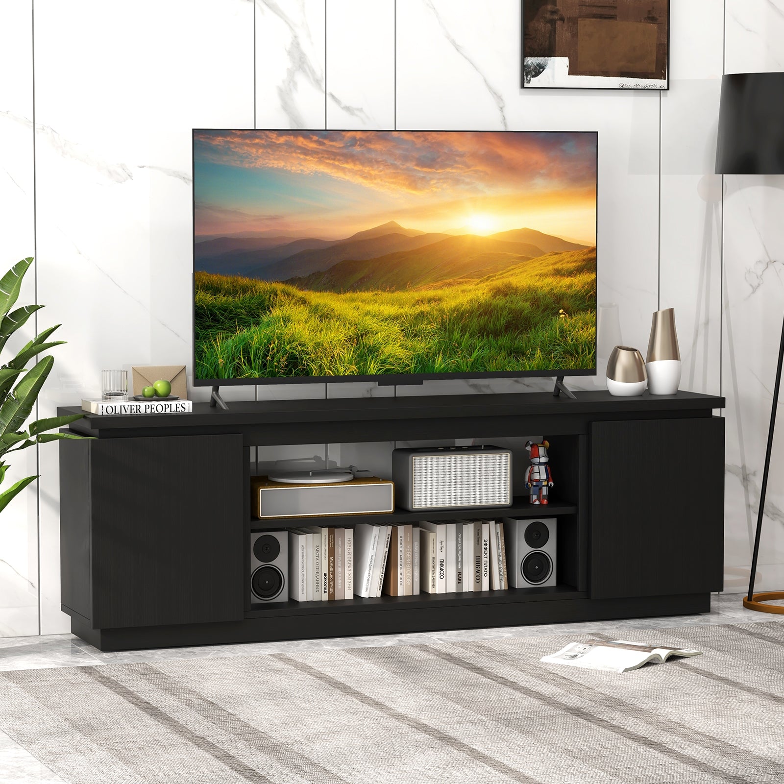 TV Cabinet with 3 Adjustable Shelves and Anti-Tipping Kits for TVs up to 80 Inch-Black