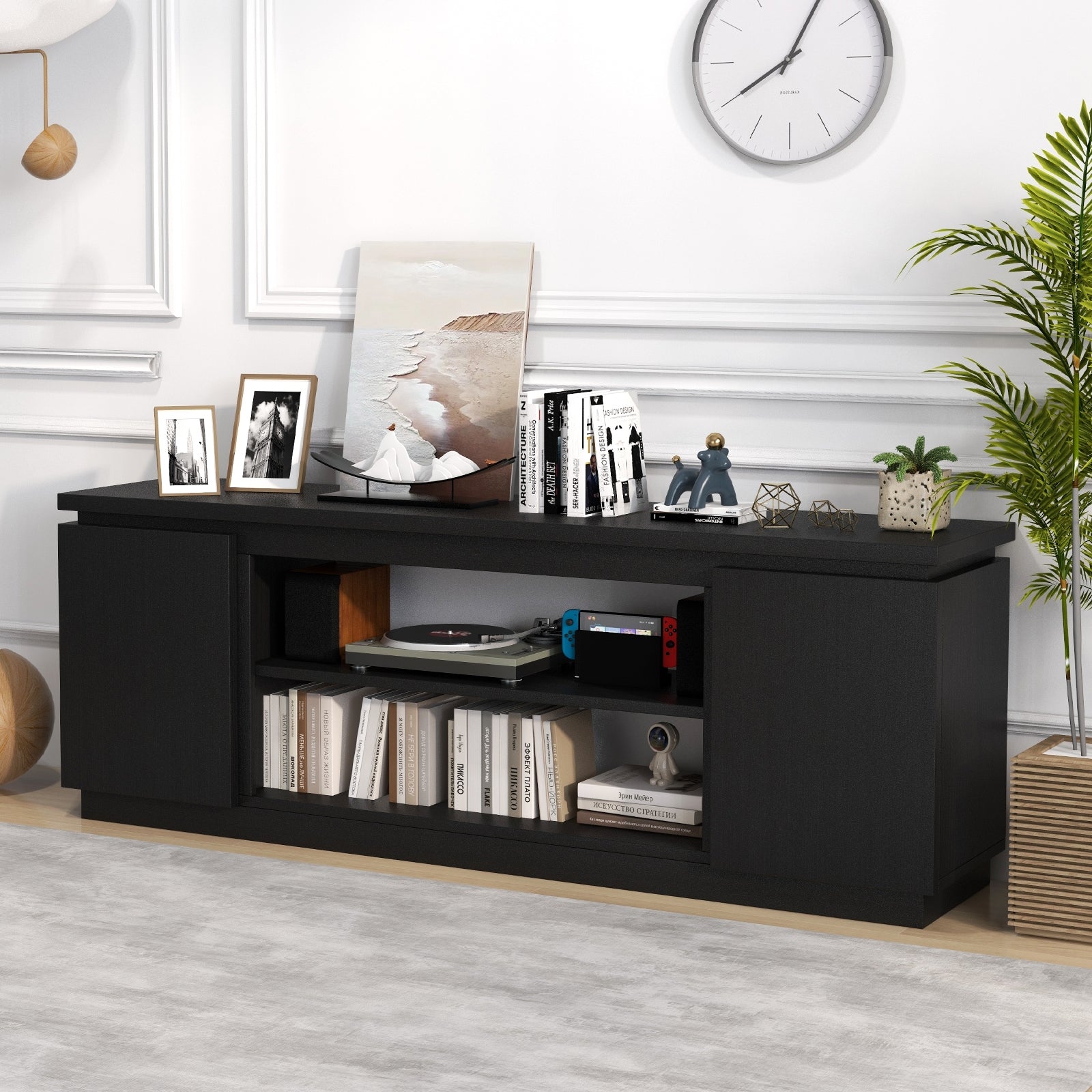 TV Cabinet with 3 Adjustable Shelves and Anti-Tipping Kits for TVs up to 80 Inch-Black