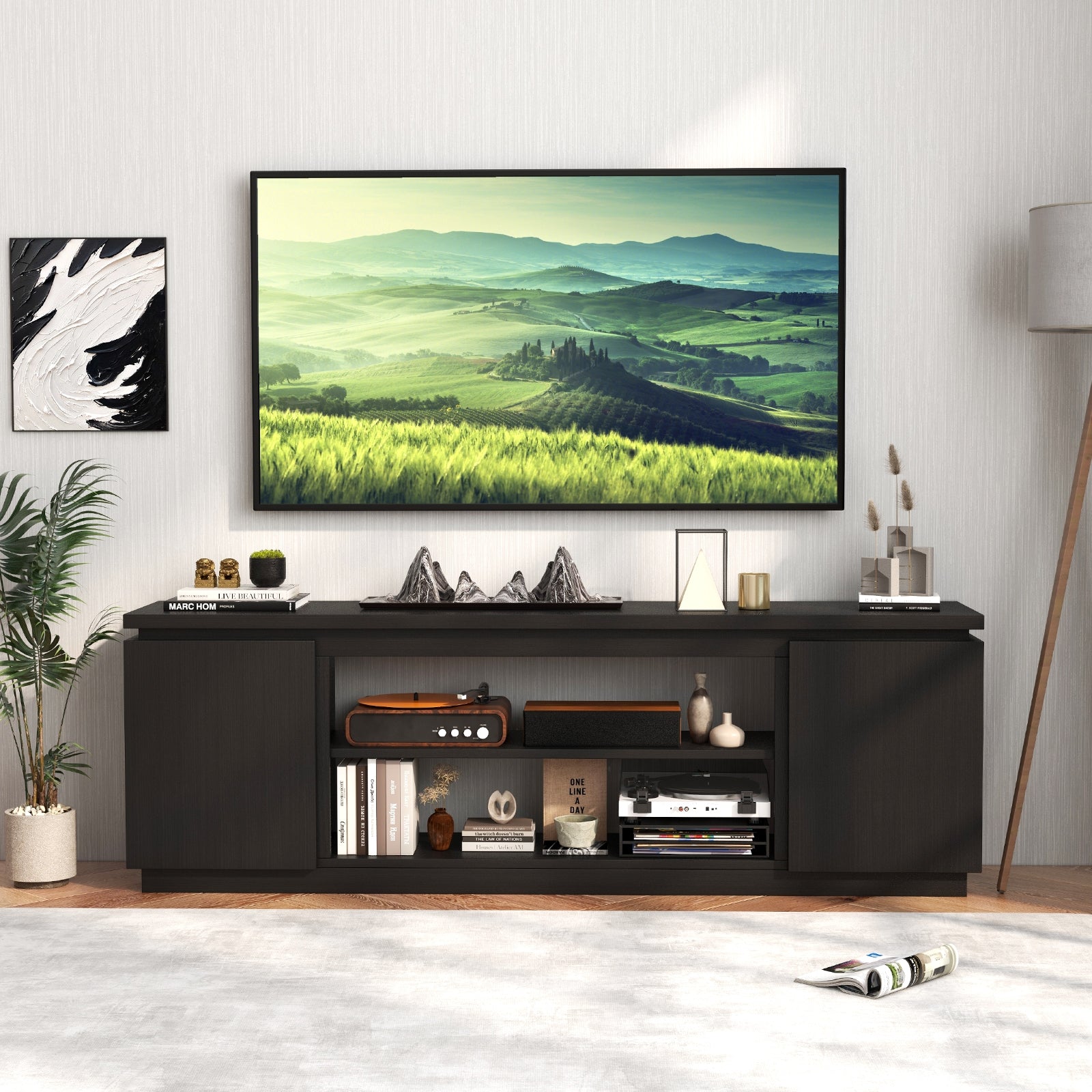 TV Cabinet with 3 Adjustable Shelves and Anti-Tipping Kits for TVs up to 80 Inch-Black