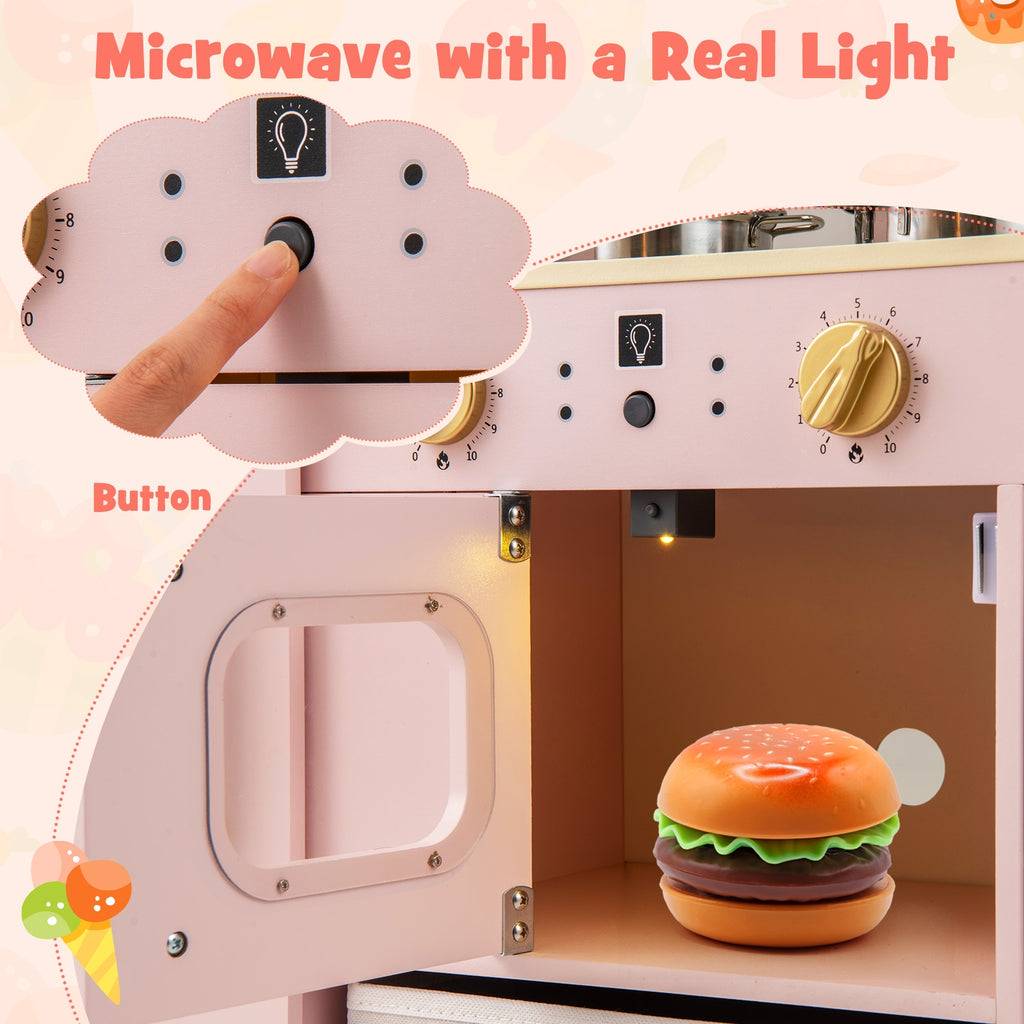 Wooden Kids Kitchen Playset with Chalkboard Ice Maker Sink Lighted Microwave-Pink