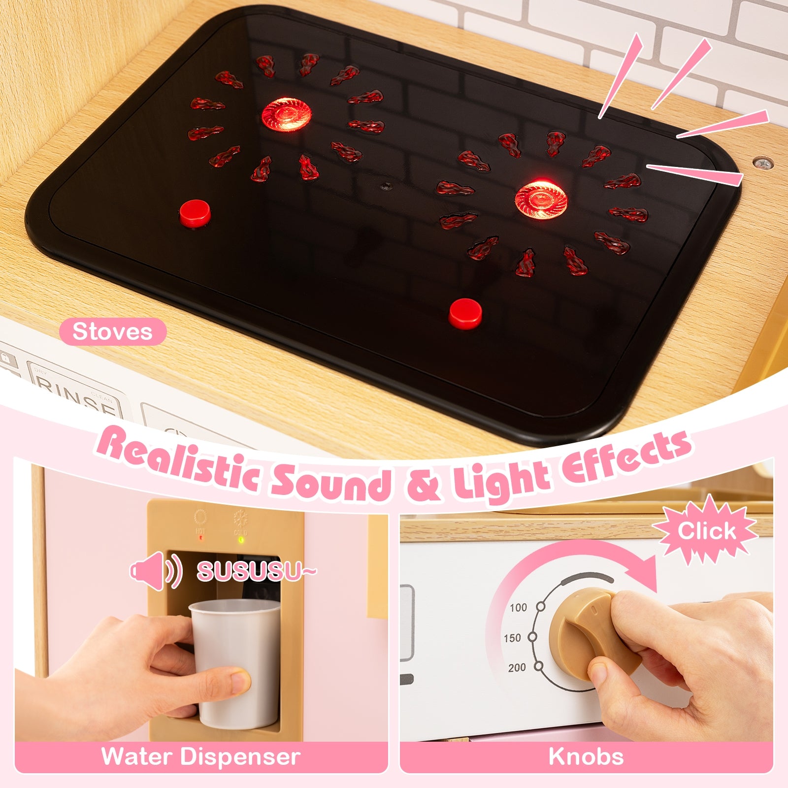 Kids Wooden Kitchen Playset with Realistic Lights and Sounds-Pink