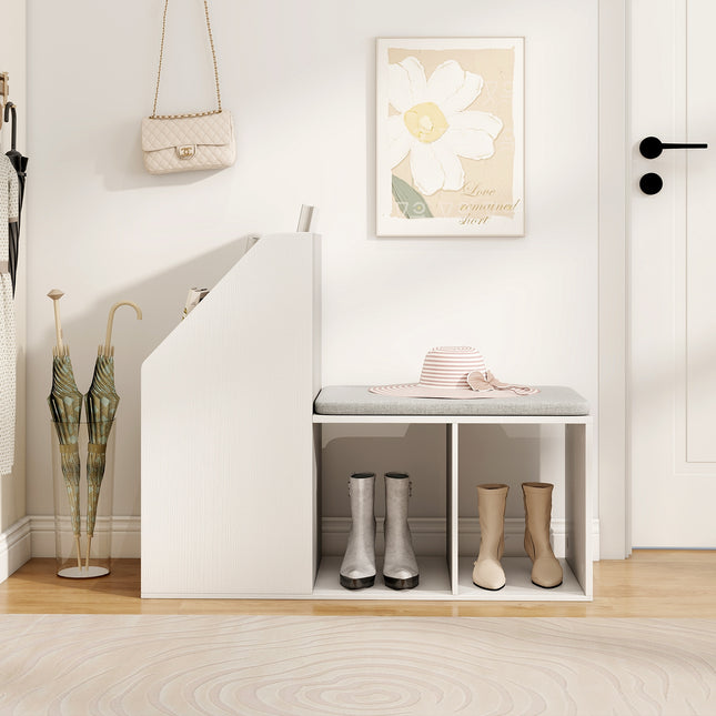 Shoe Storage Bench with Removable Seat Cushion and 6 Storage Compartments-White