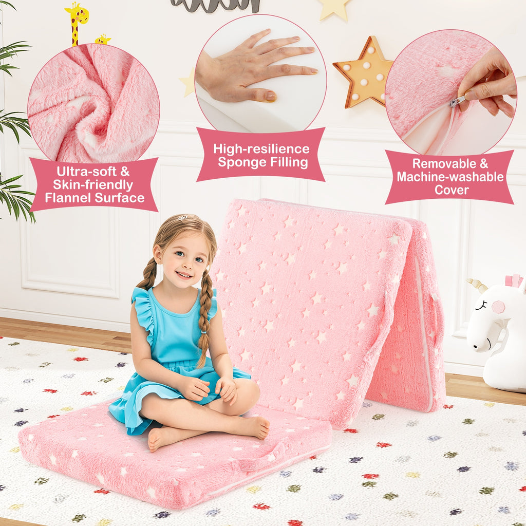 Foldable Floor Mattress for Kids with Washable Flannel Cover-Pink