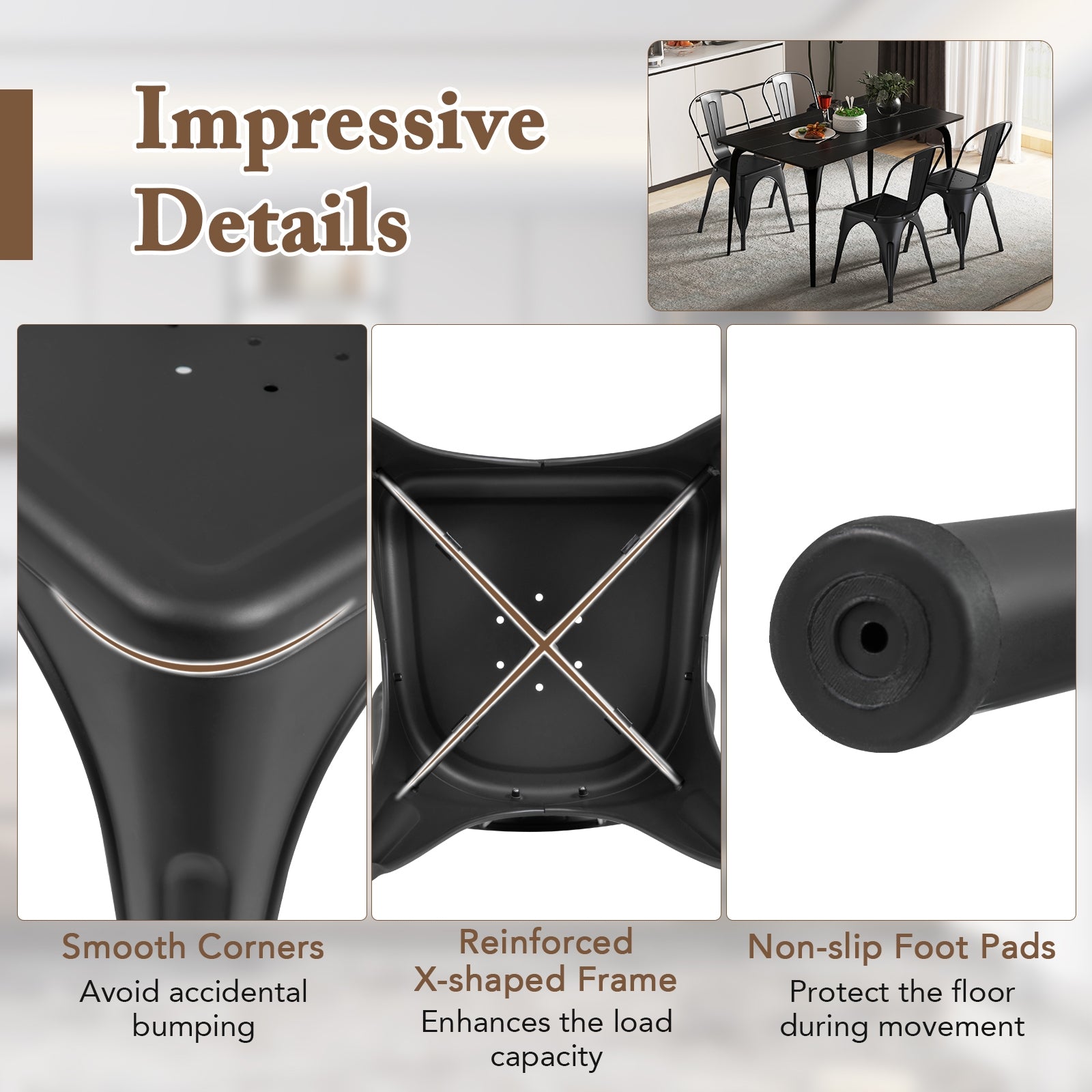 Metal Dining Chairs Set of 4 with Removable Backrest for Dining Room Restaurant Living Room-Black