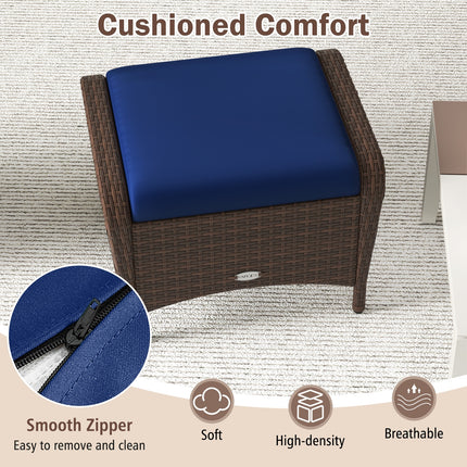 Set of 2 Outdoor Patio PE Wicker Ottomans with Removable Cushions-Navy